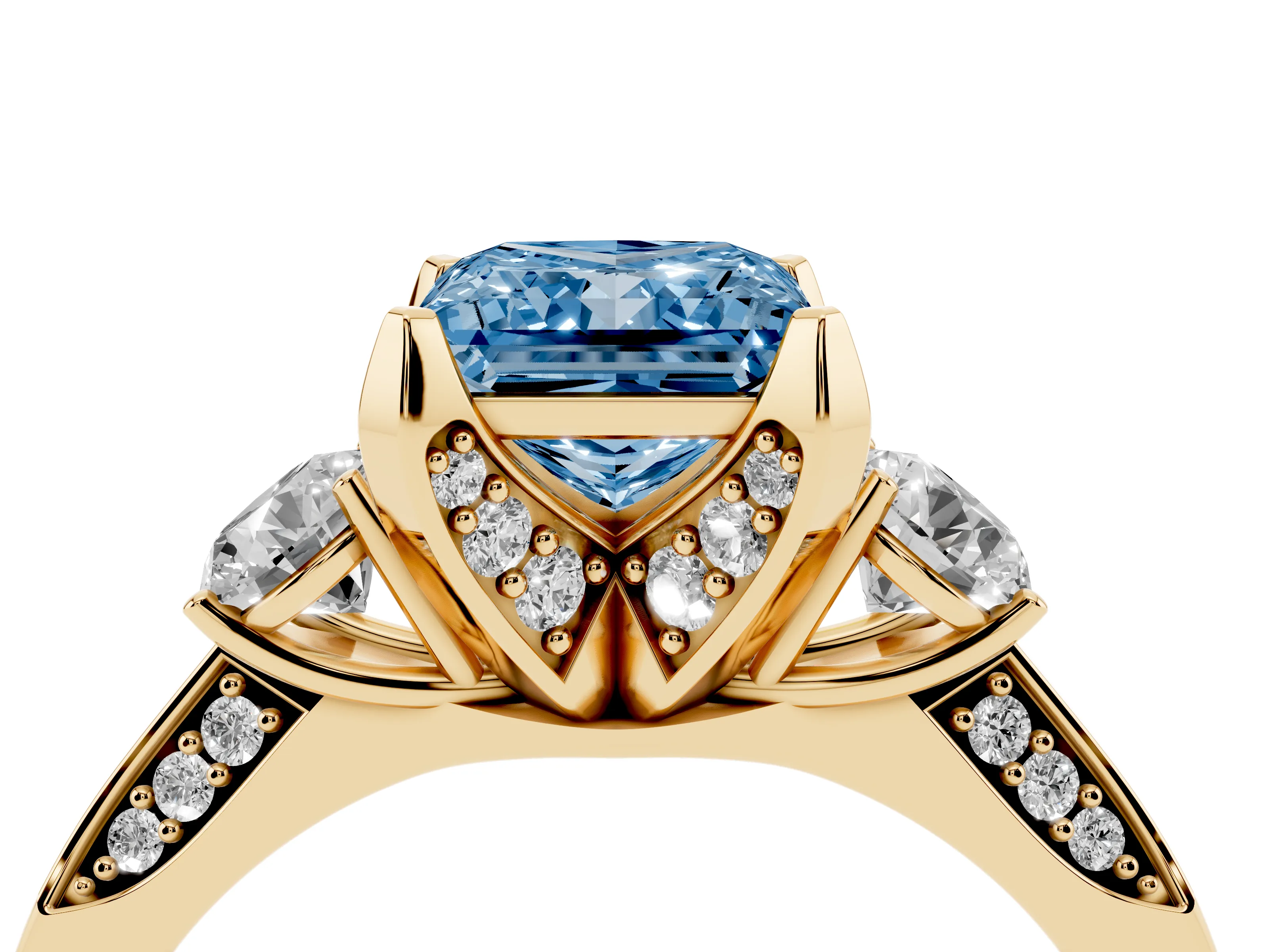 Fancy Blue Princess Cut Diamond Three-Stone Ring Set in Yellow gold with Pavé Band and Smaller Side Stones