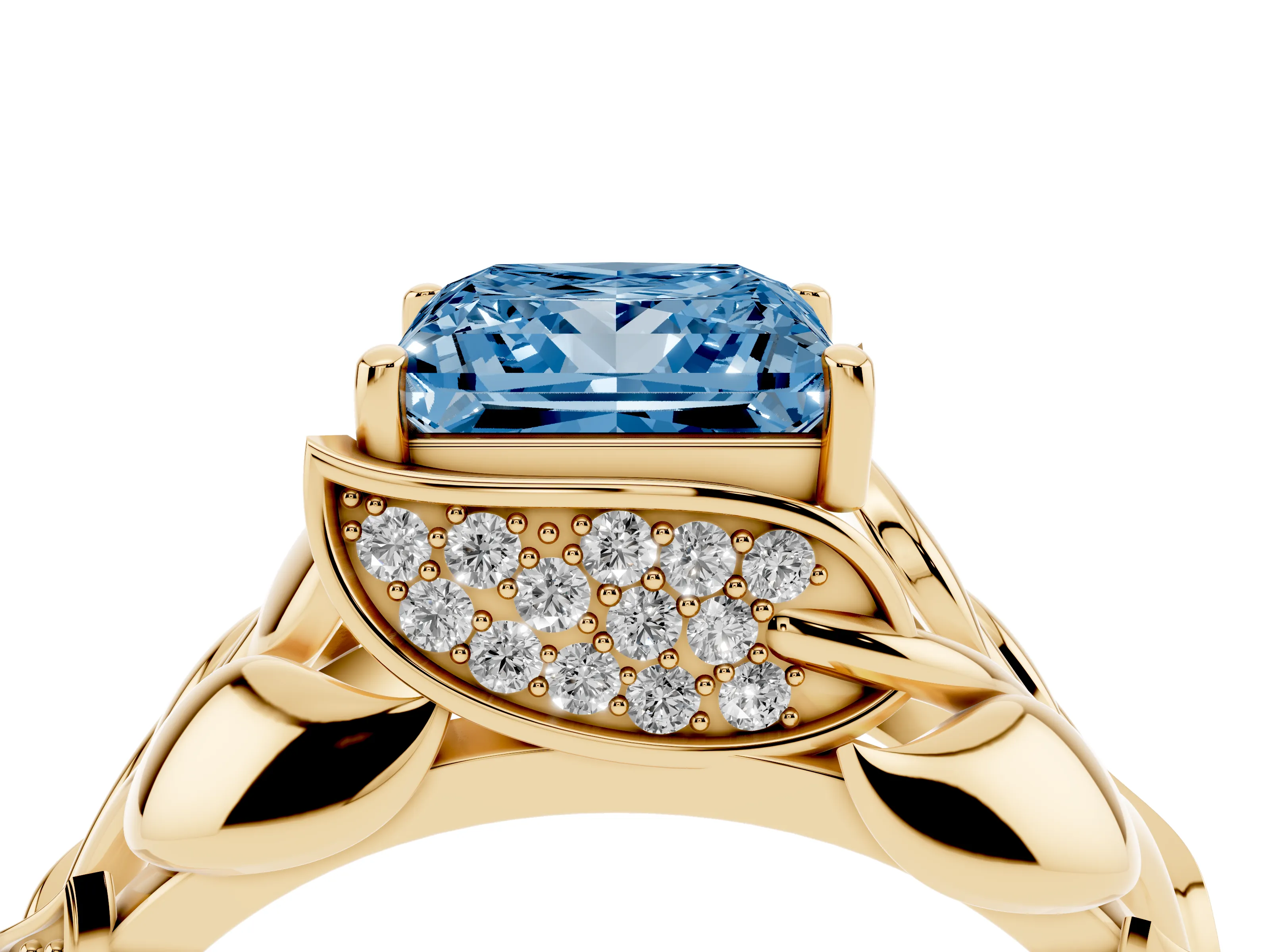 Fancy Blue Princess Cut Diamond Leaf-Inspired Engagement Ring Set in Yellow gold with Round Accents