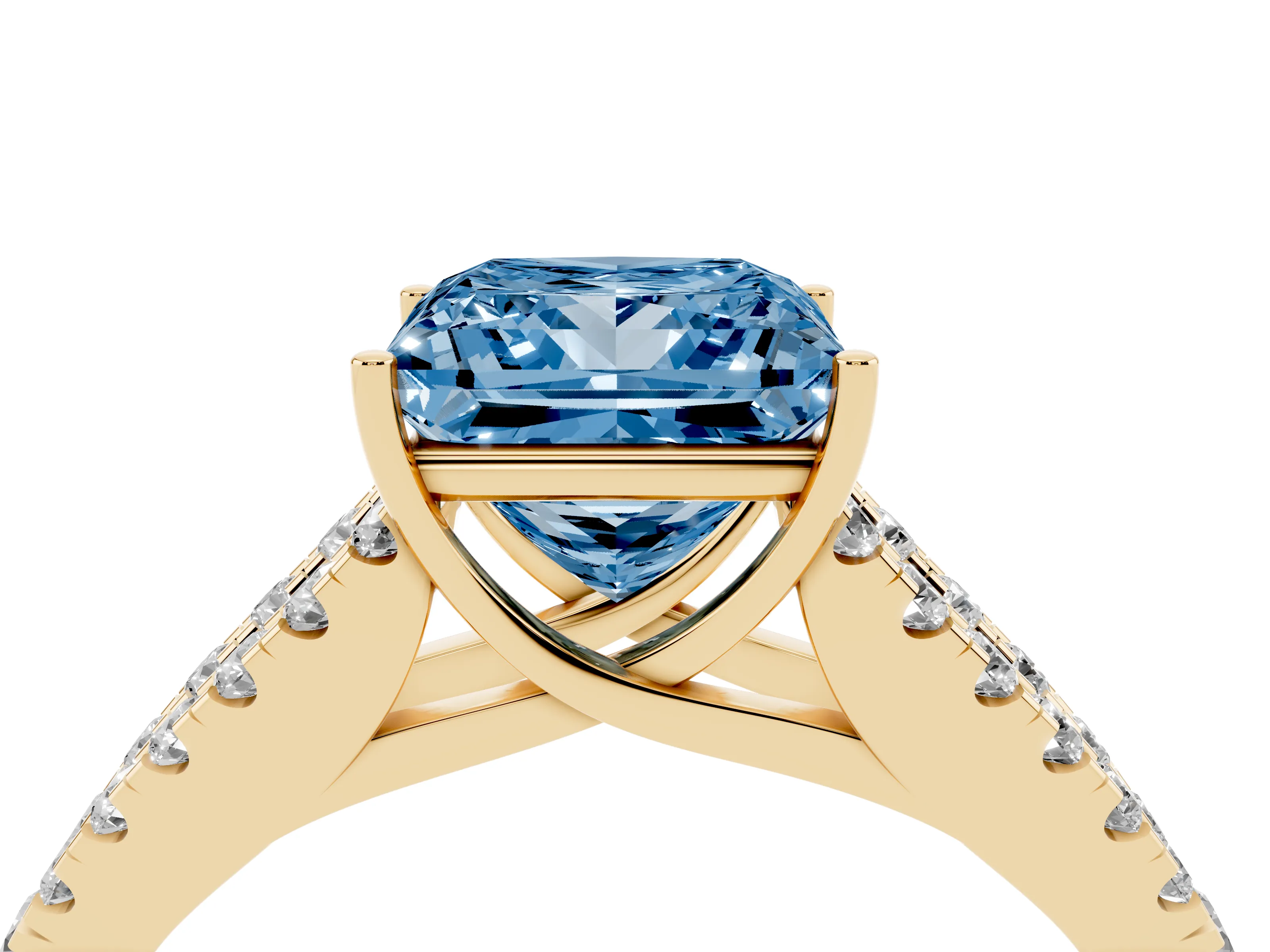 Fancy Blue Princess Cut Diamond Split Shank Pavé Engagement Ring Set in Yellow gold with Prong-Held Center Stone