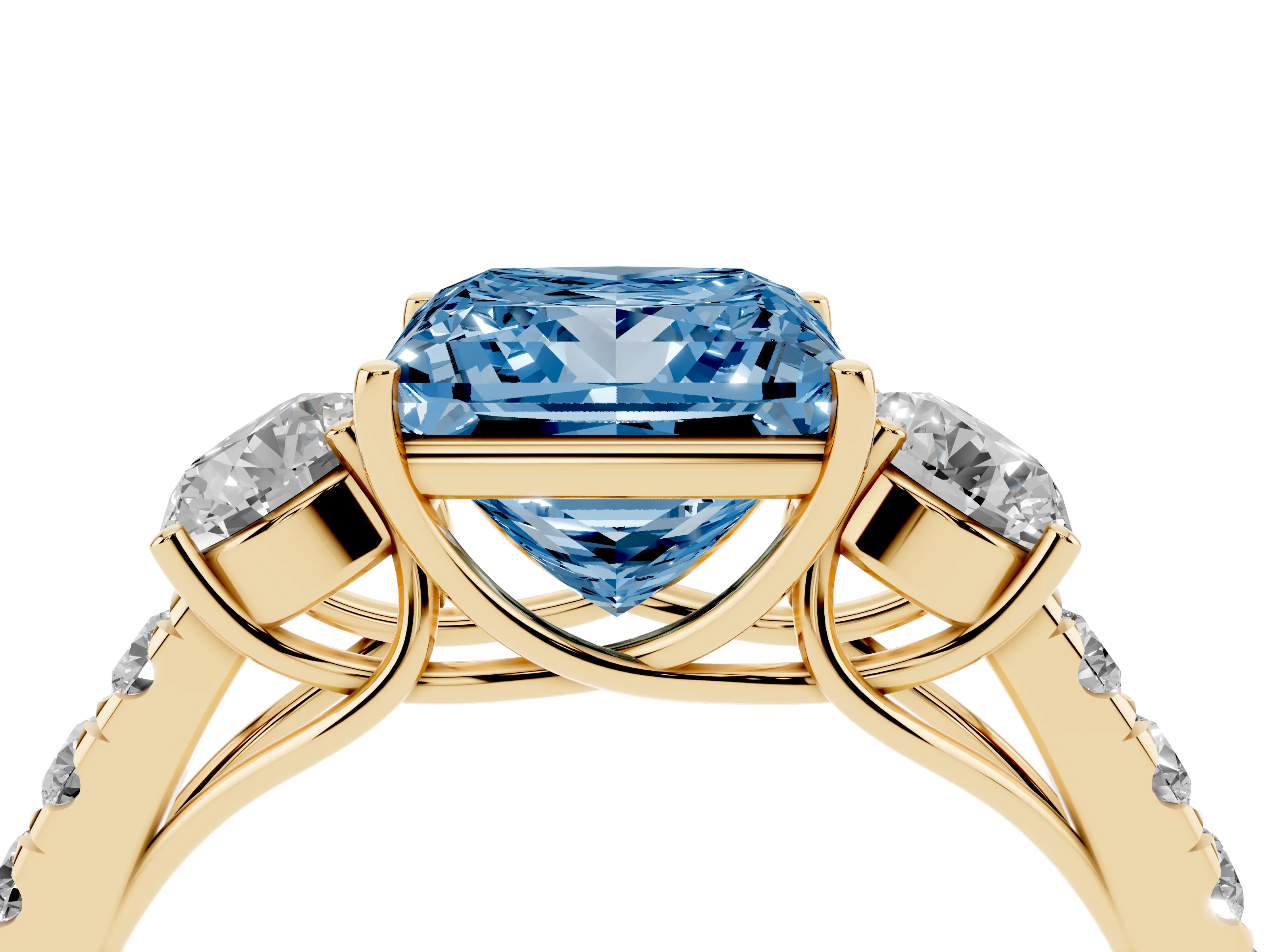 Fancy Blue Princess Cut Diamond Three-Stone Ring Set in Yellow gold with Round Side Stones and Delicate Pavé Band