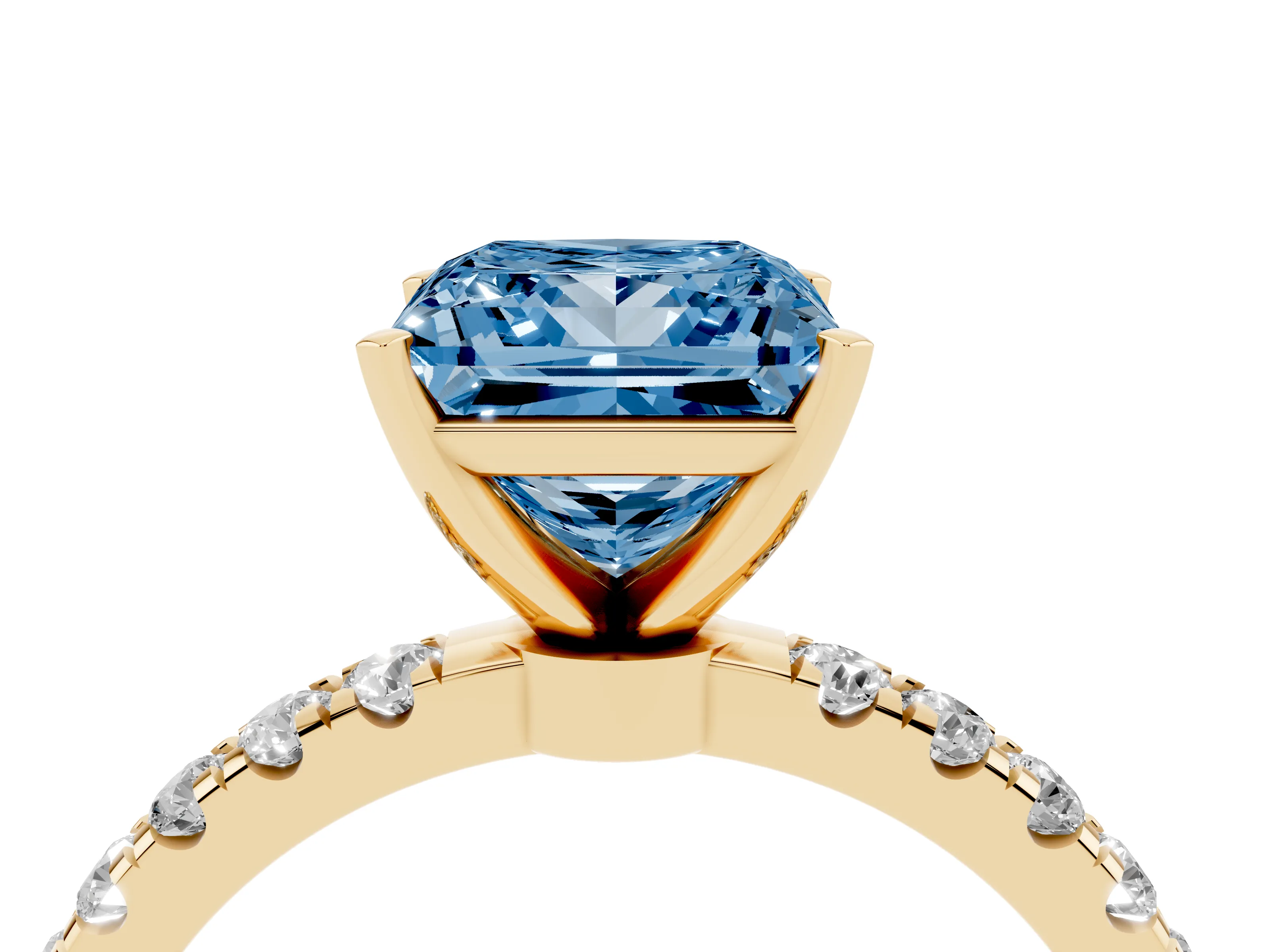 Fancy Blue Princess Cut Diamond Solitaire Ring Set in Yellow gold with Pavé Accents and Prong Setting