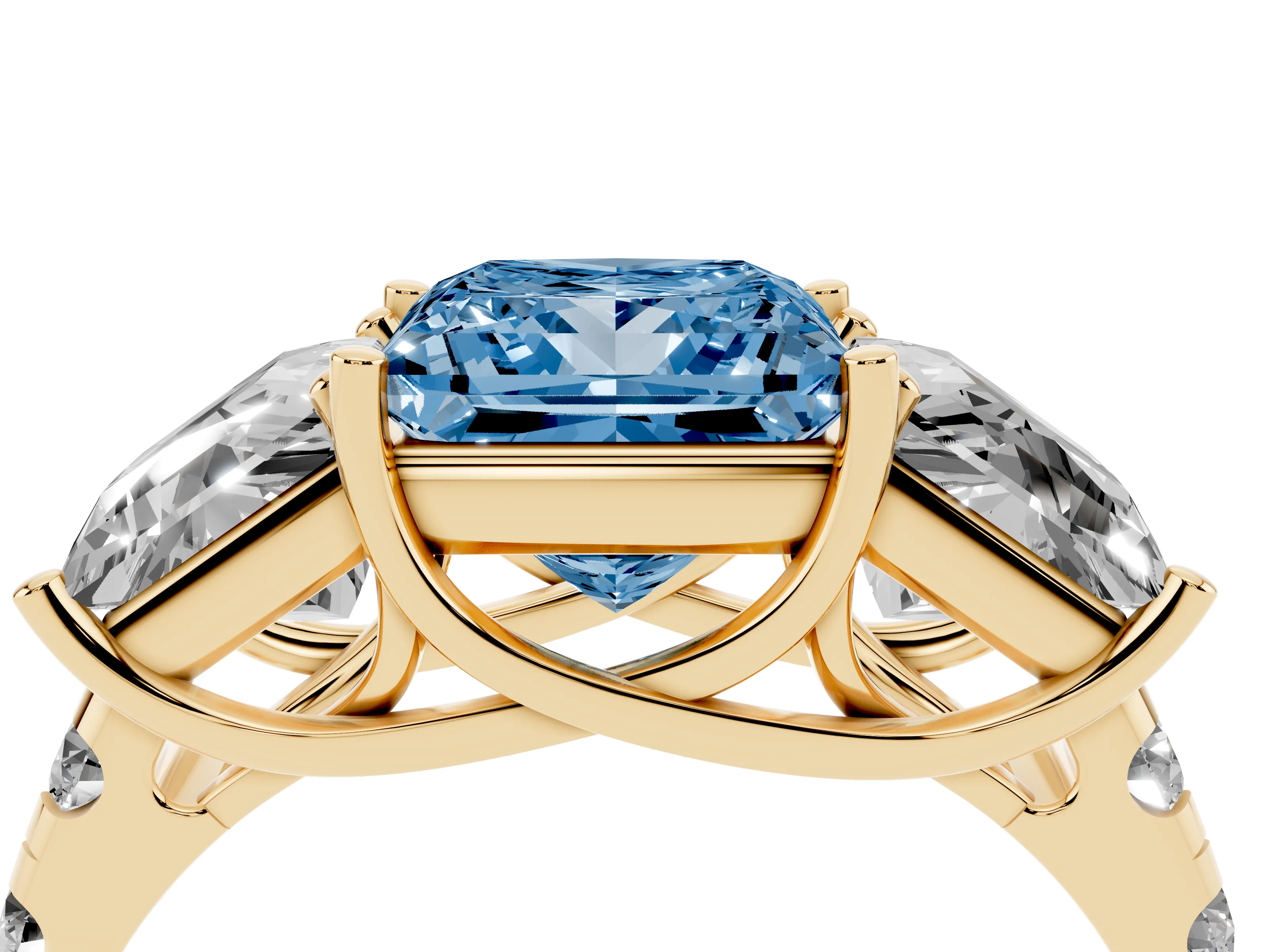 Fancy Blue Princess Cut Diamond Three-Stone Ring Set in Yellow gold with Pavé Band