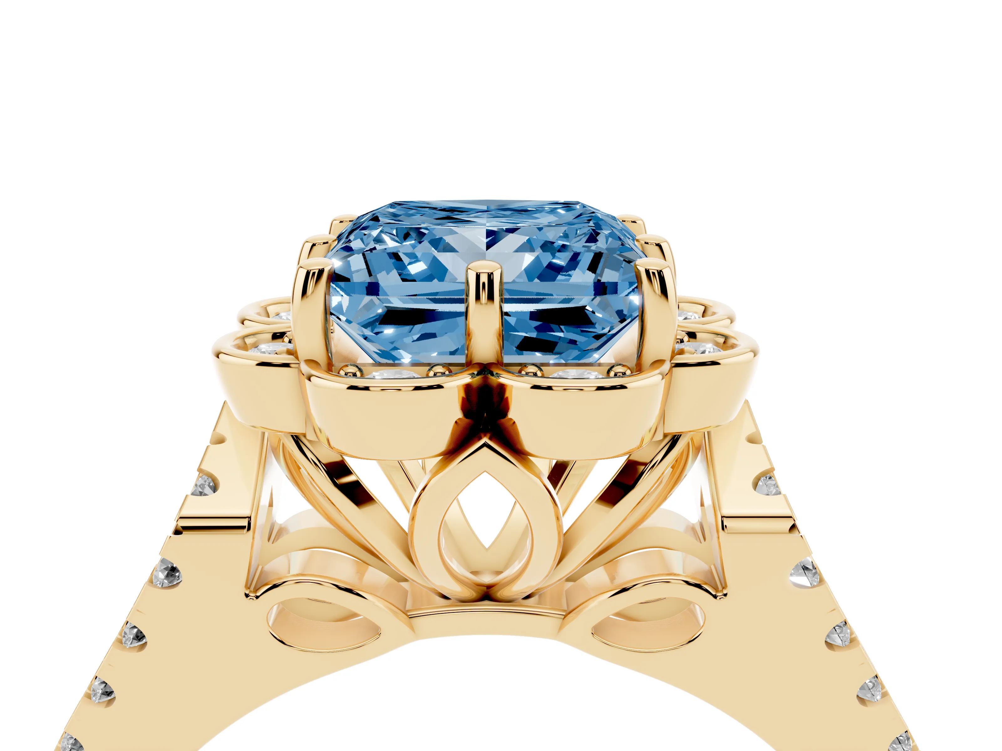 Fancy Blue Princess Cut Diamond Floral Halo Split Shank Engagement Ring Set in Yellow gold with Pavé Shank