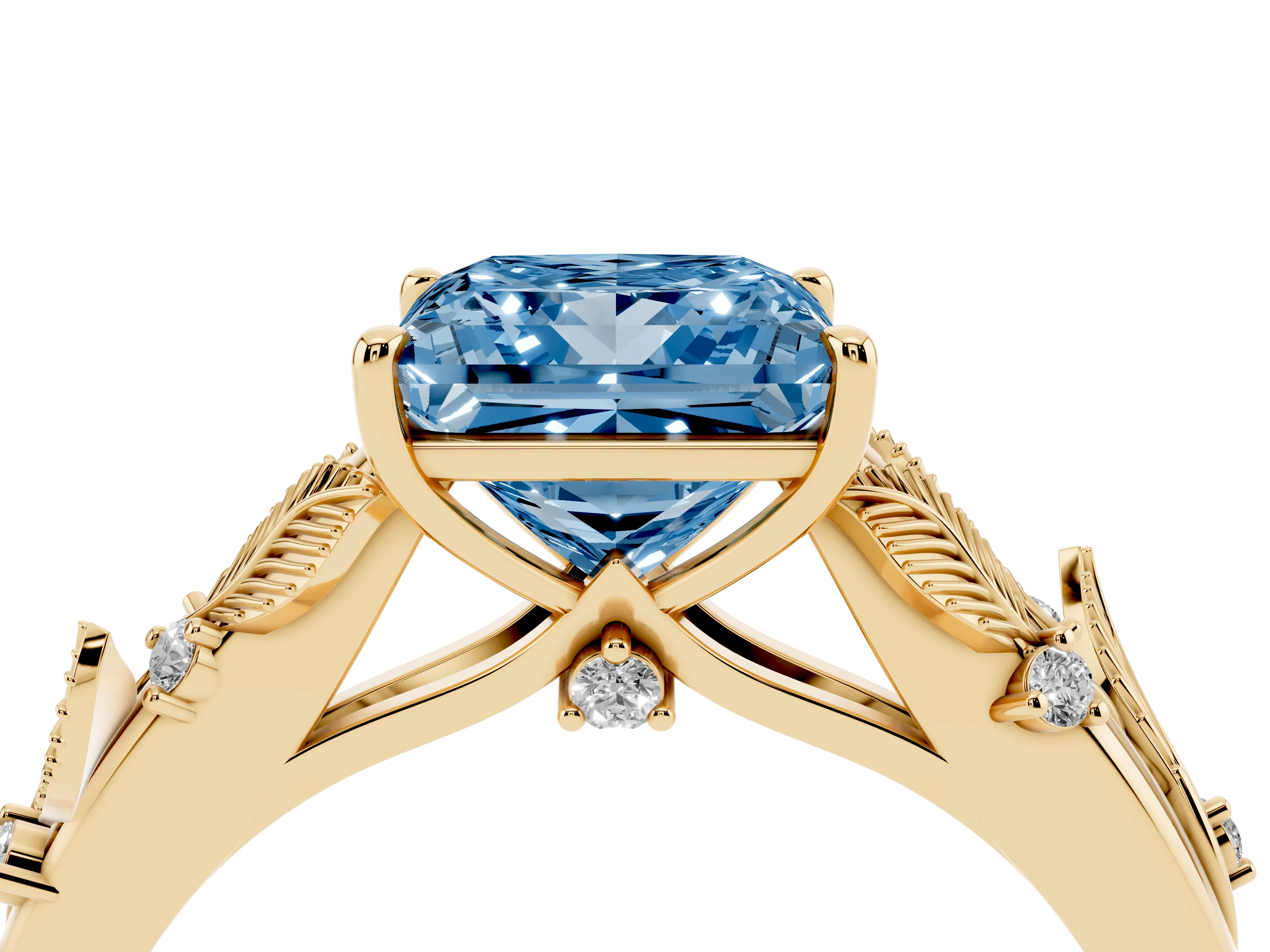 Fancy Blue Princess Cut Diamond Solitaire Ring Set in Yellow gold with Leaf Motif Band