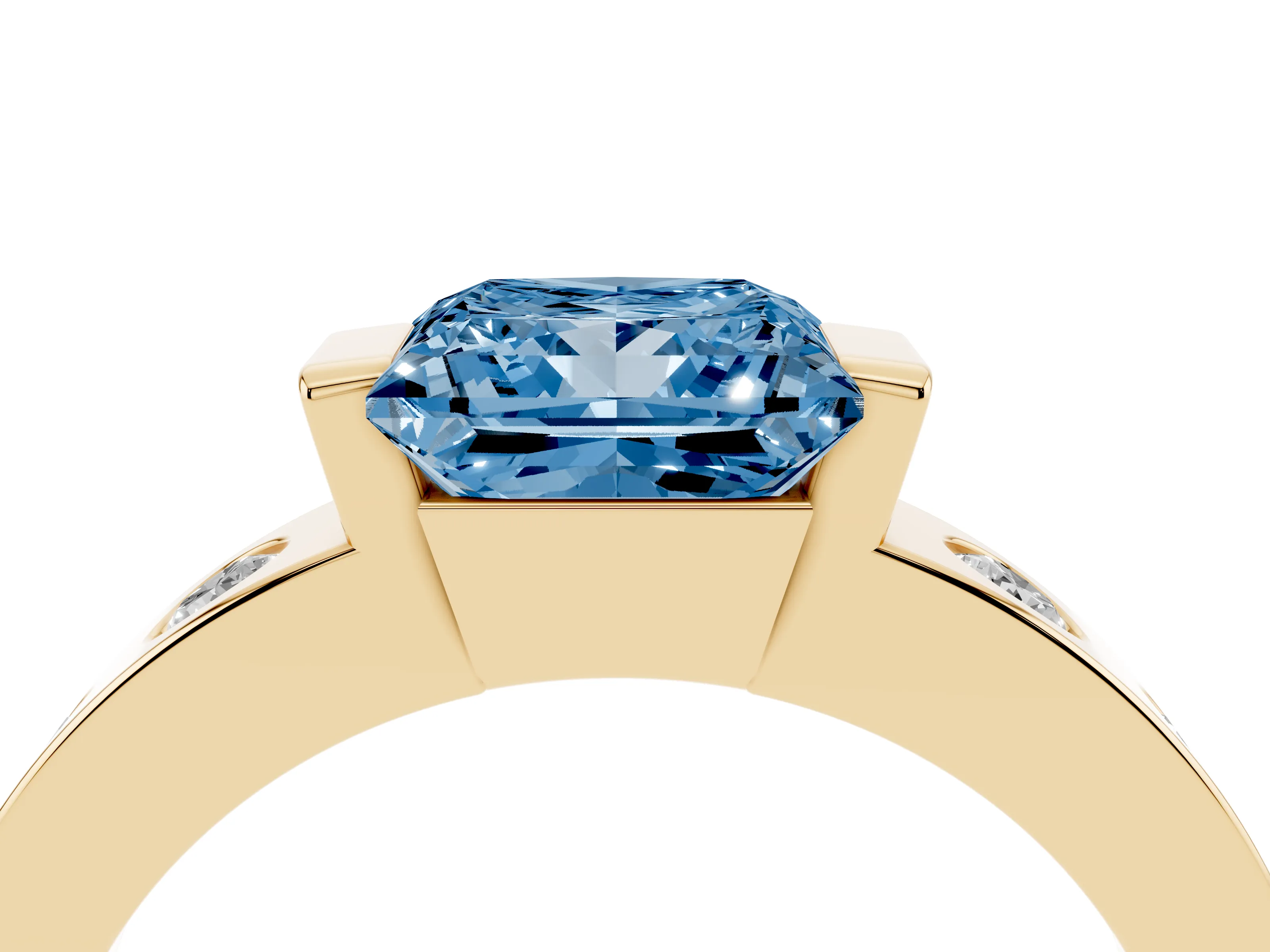 Fancy Blue Princess Cut Diamond Channel-Set Band Ring Set in Yellow gold with Bezel Prong Setting