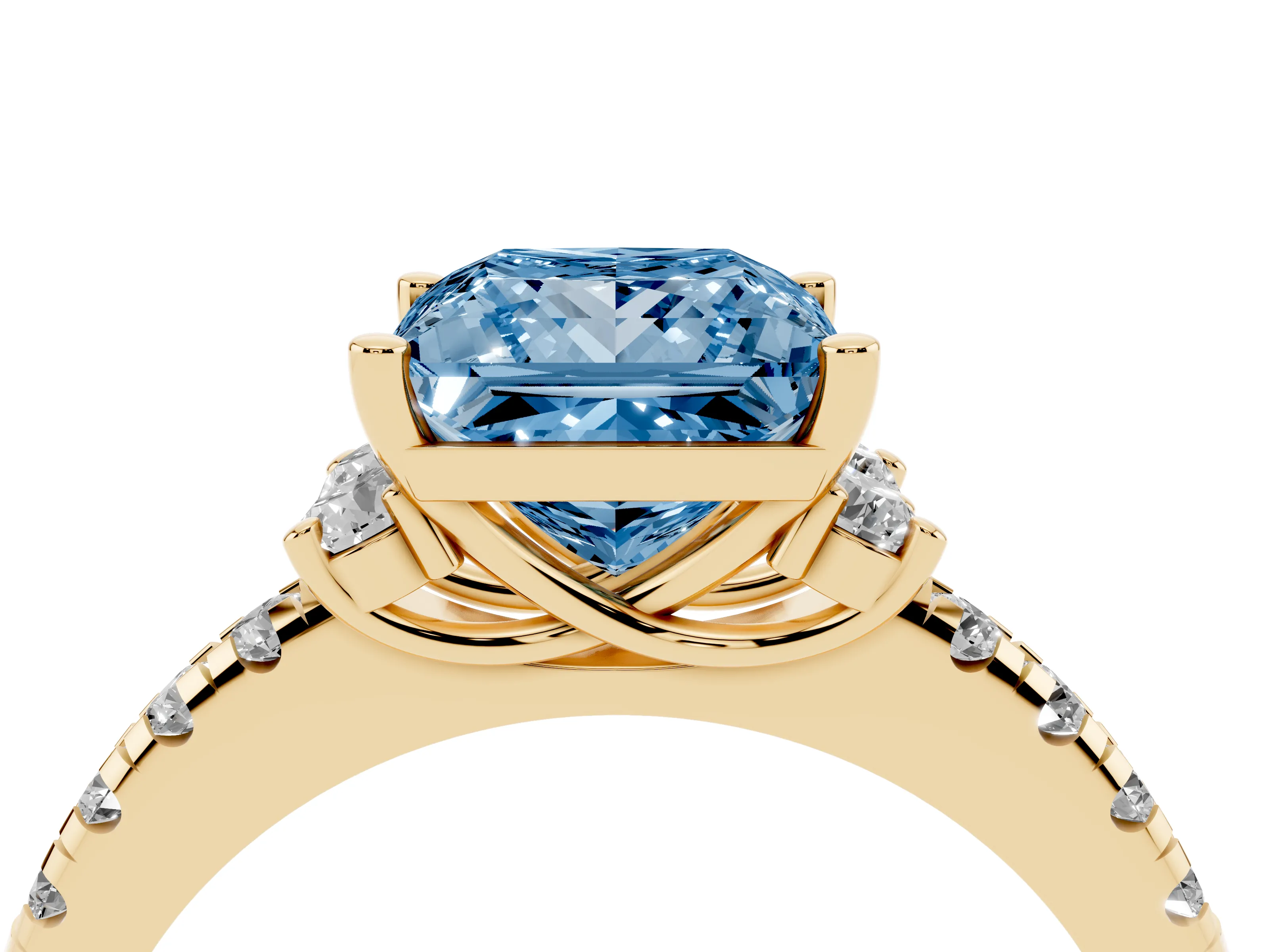 Fancy Blue Princess Cut Diamond Three-Stone Pavé Ring Set in Yellow gold with Prong Setting