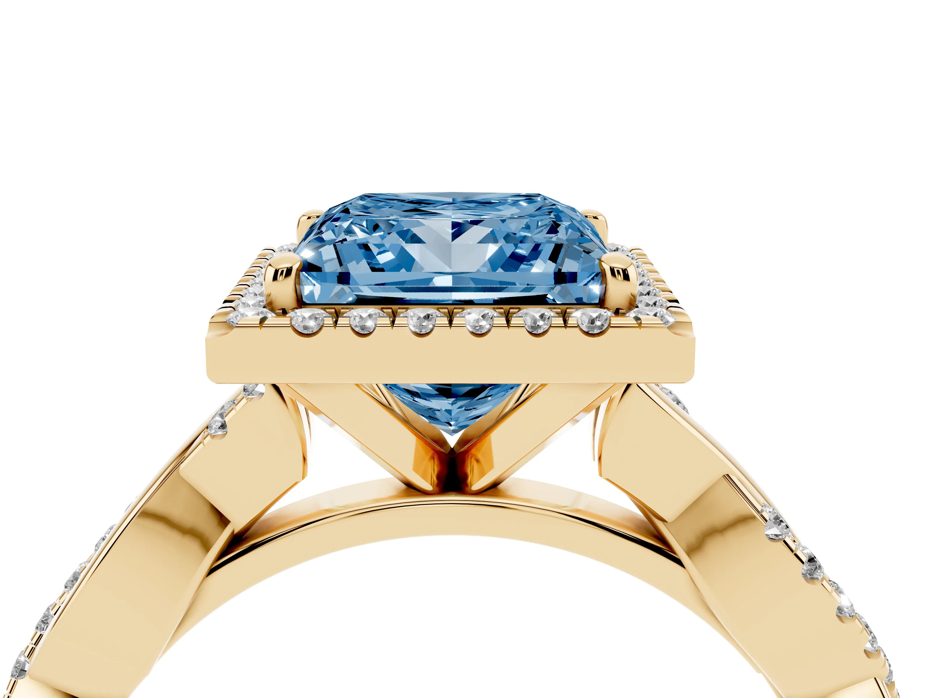 Fancy Blue Princess Cut Diamond Halo Twisted Band Ring Set in Yellow gold with Prong Setting