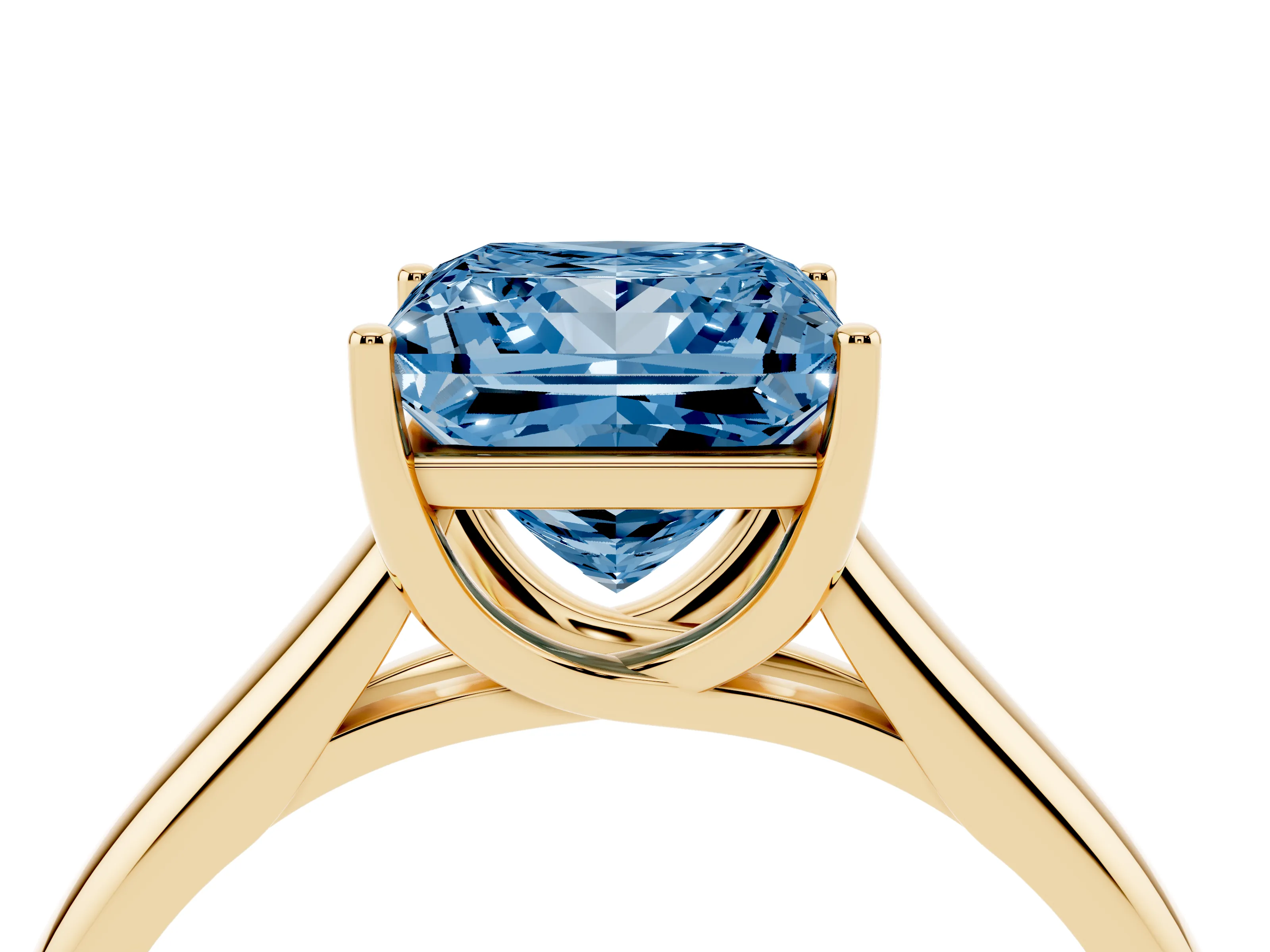 Fancy Blue Princess Cut Diamond Solitaire Engagement Ring Set in Yellow gold with Subtly Tapered Band and Prong Setting