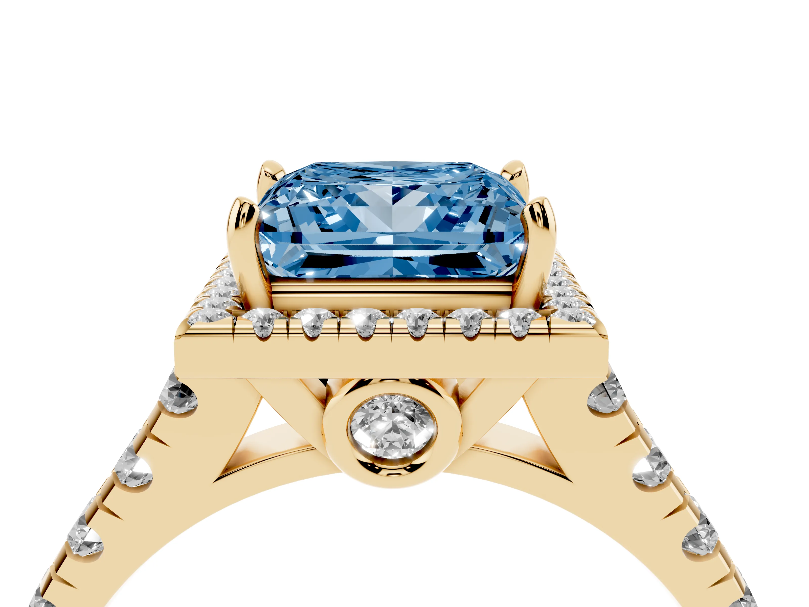Fancy Blue Princess Cut Diamond Halo Engagement Ring Set in Yellow gold with Pavé Band and Prong-Set Center