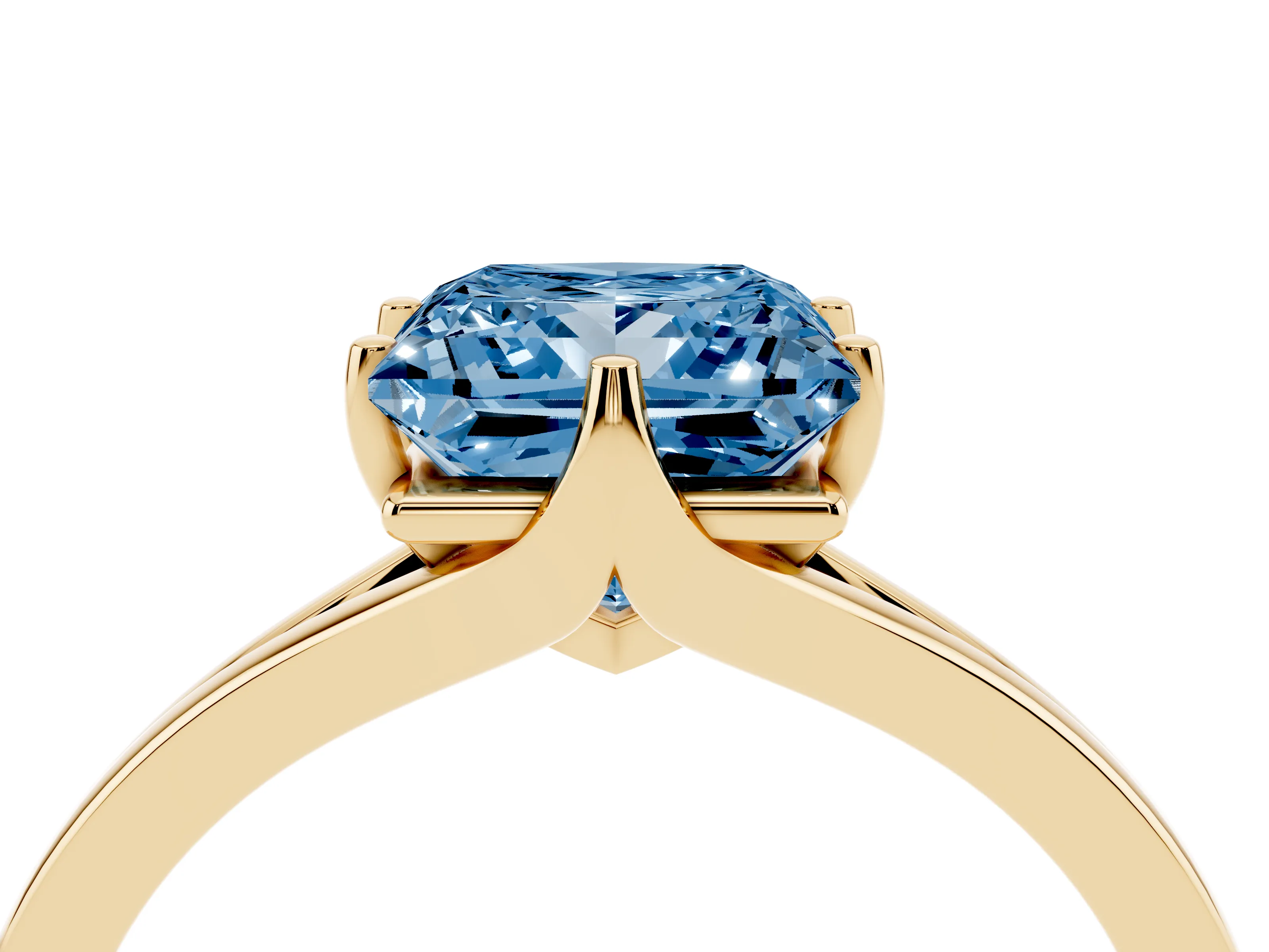 Fancy Blue Princess Cut Diamond Solitaire Ring Set in Yellow gold with Polished Tapered Band and Prong Setting