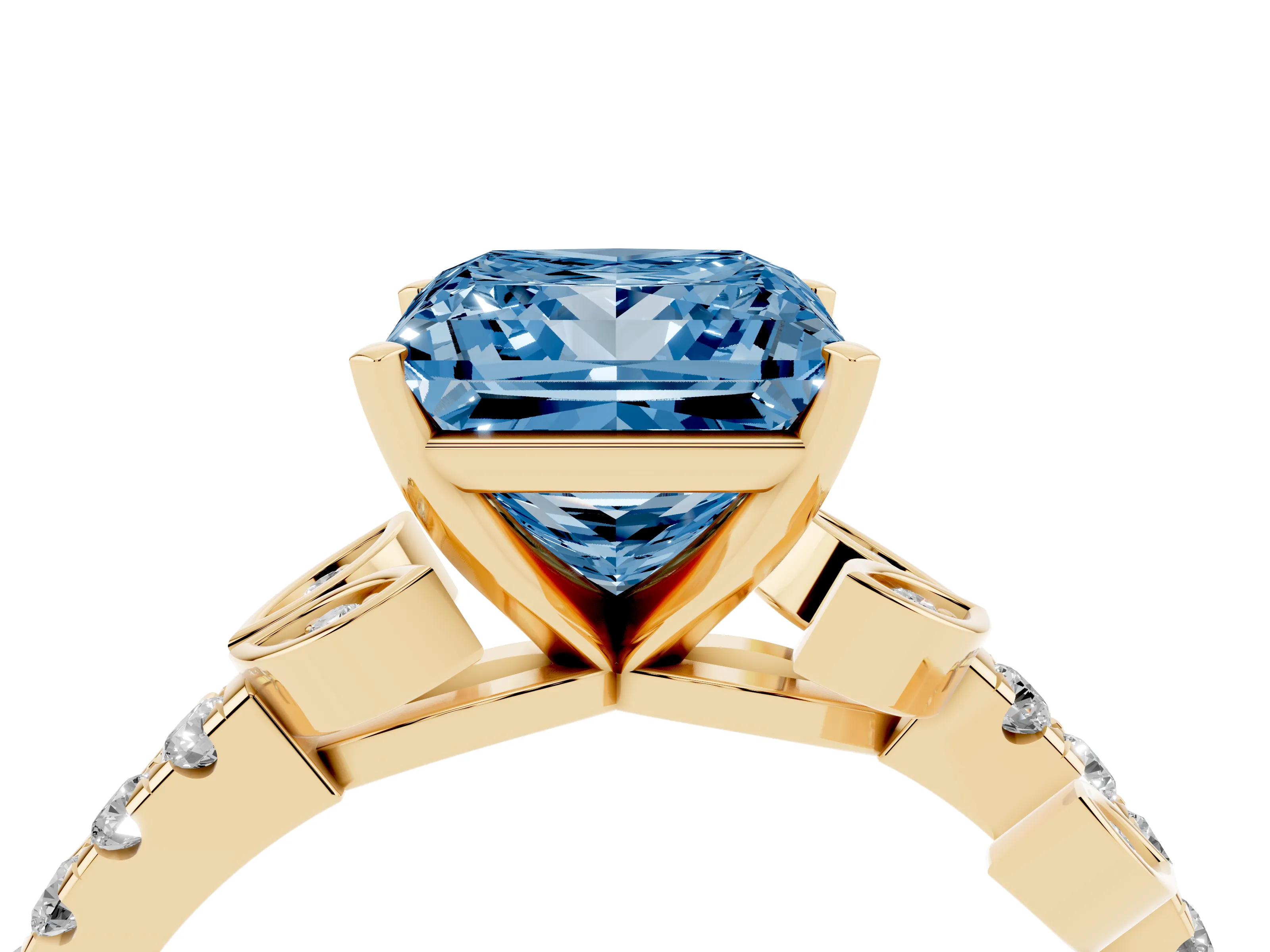 Fancy Blue Princess Cut Diamond Solitaire Leaf-Inspired Ring Set in Yellow gold with Pavé Band and Prong Setting