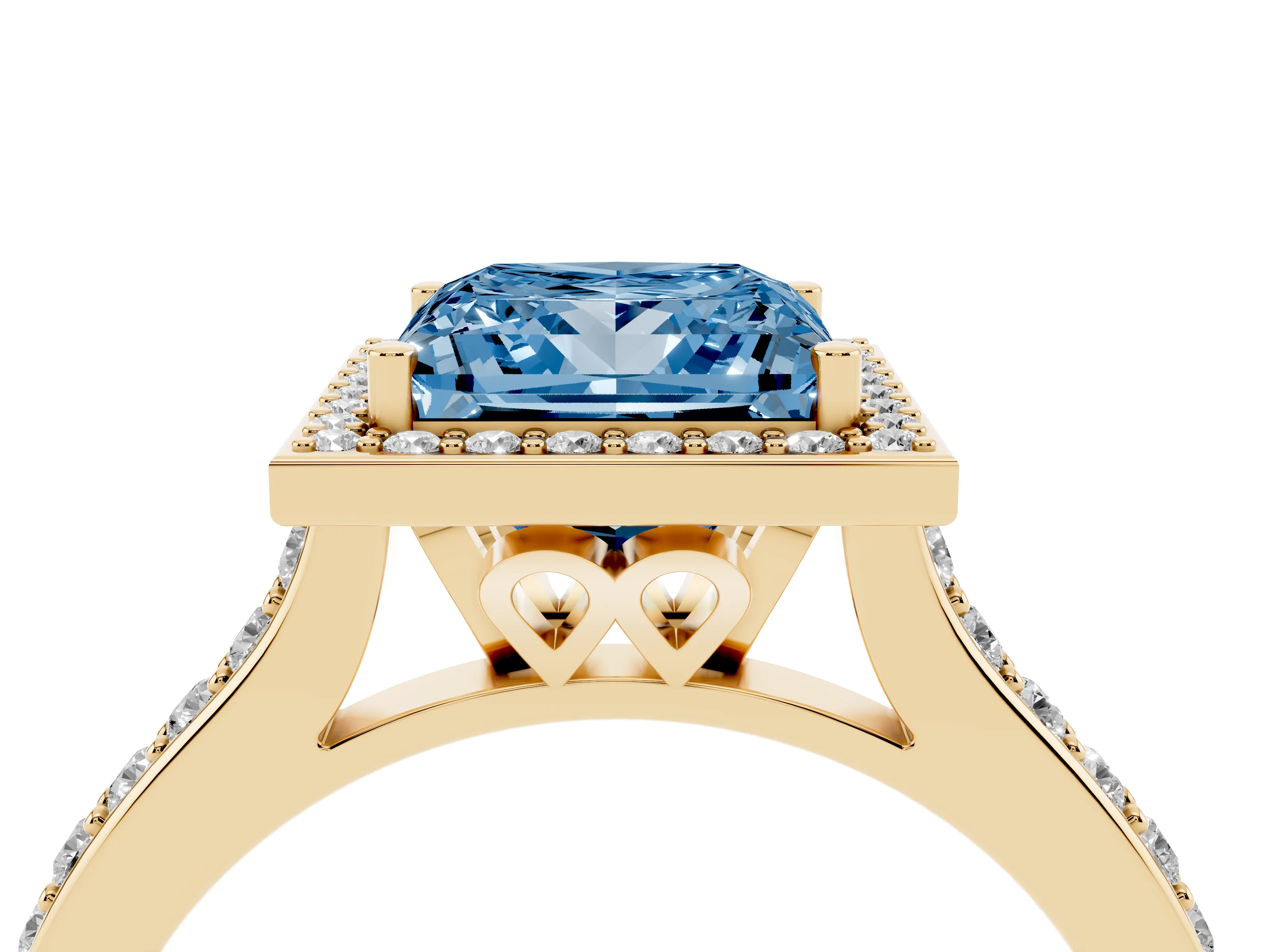 Fancy Blue Princess Cut Diamond Halo Engagement Ring Set in Yellow gold with Round Pavé Shoulders and Heart Gallery
