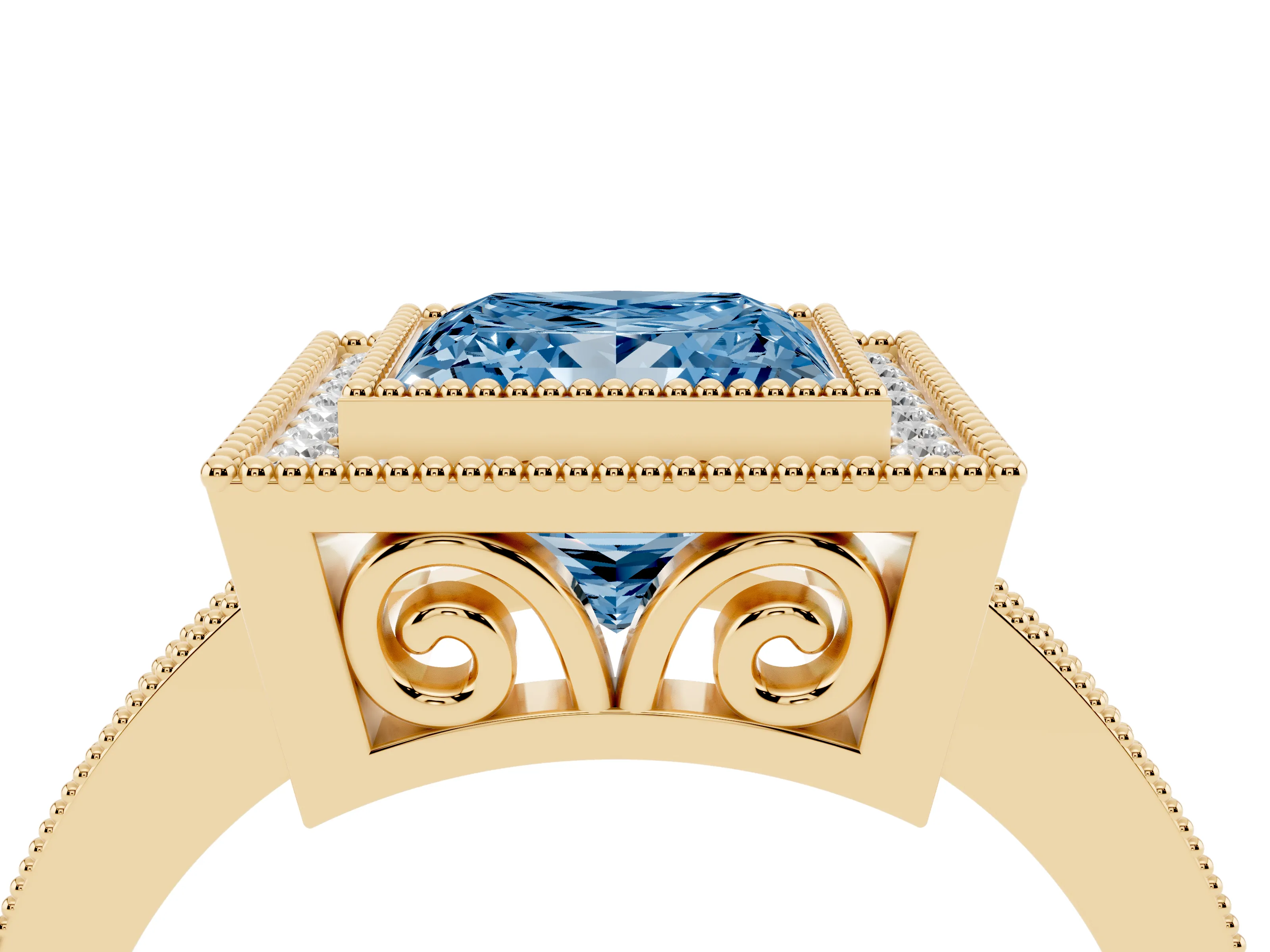 Fancy Blue Princess Cut Diamond Halo Ring Set in Yellow gold with Pavé Band and Milgrain-Edged Prongs