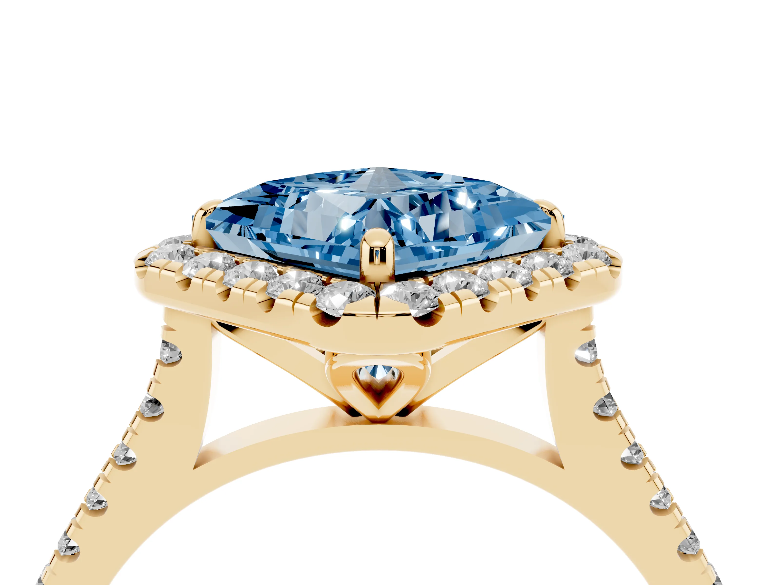 Fancy Blue Princess Cut Diamond Cushion Halo Ring Set in Yellow gold with Pavé Band