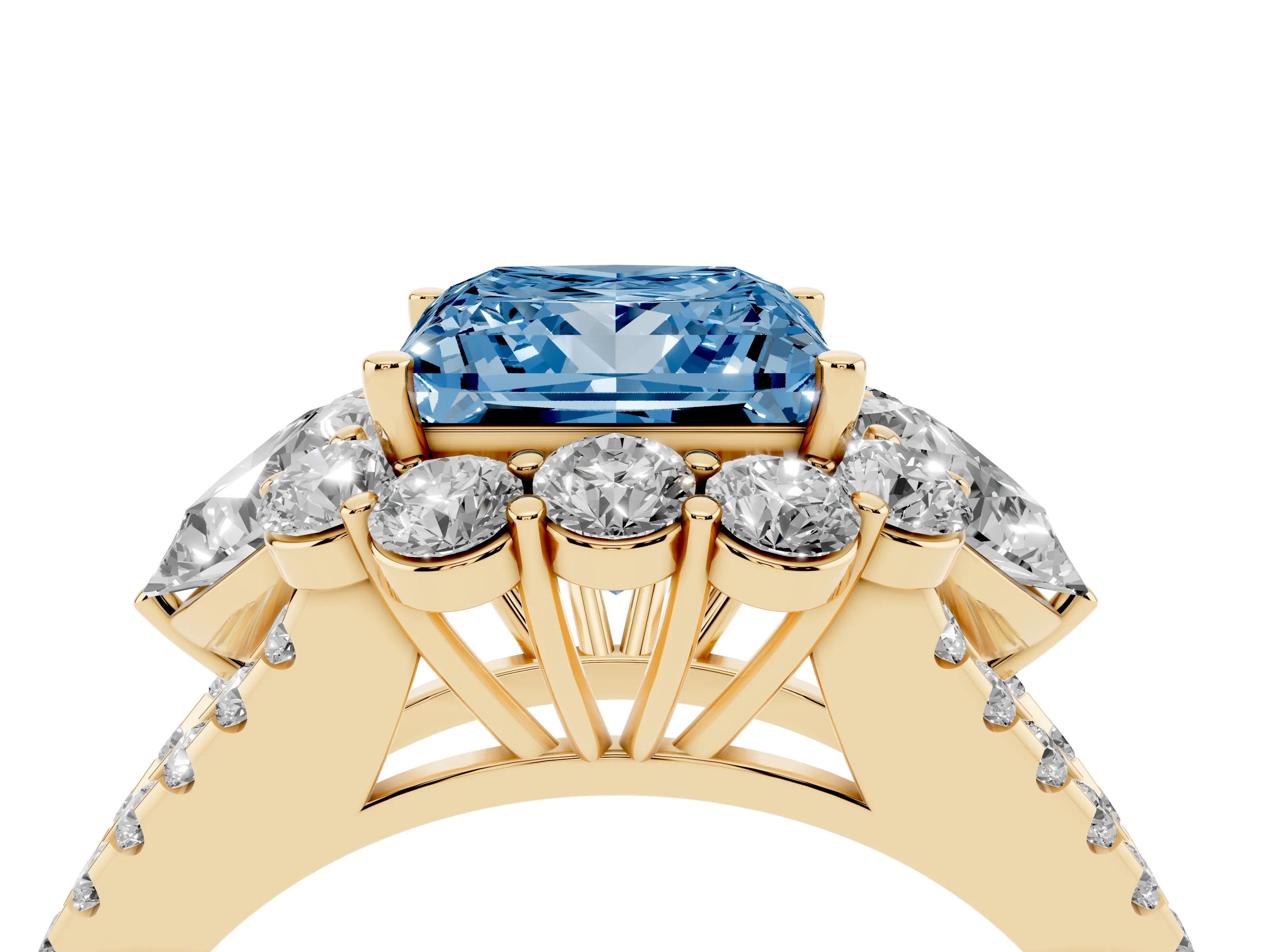 Fancy Blue Princess Cut Diamond Halo Split Shank Engagement Ring Set in Yellow gold with Prong-Held Center Stone