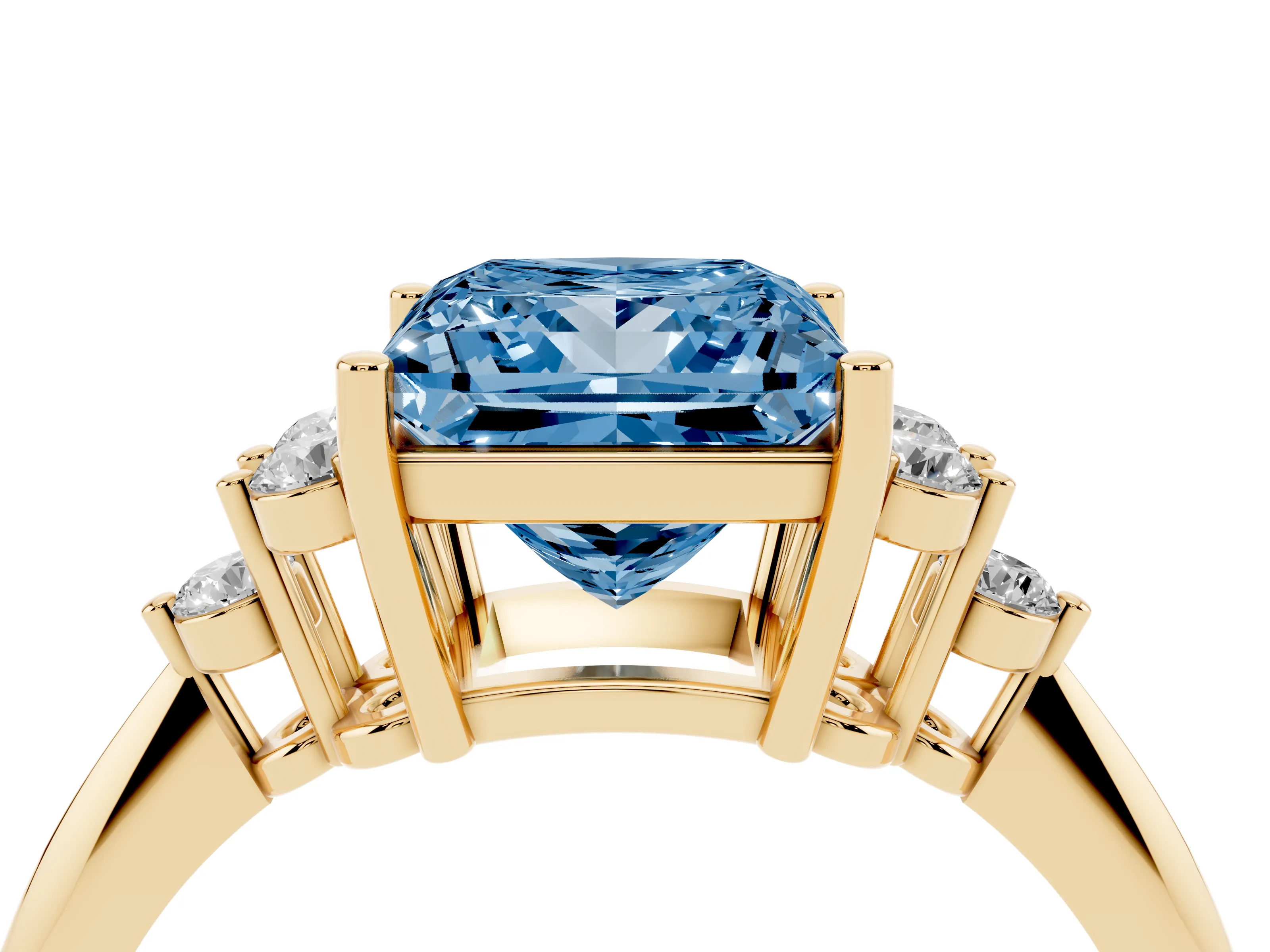 Fancy Blue Princess Cut Diamond Cluster Ring Set in Yellow gold with Plain Band and Prong Setting