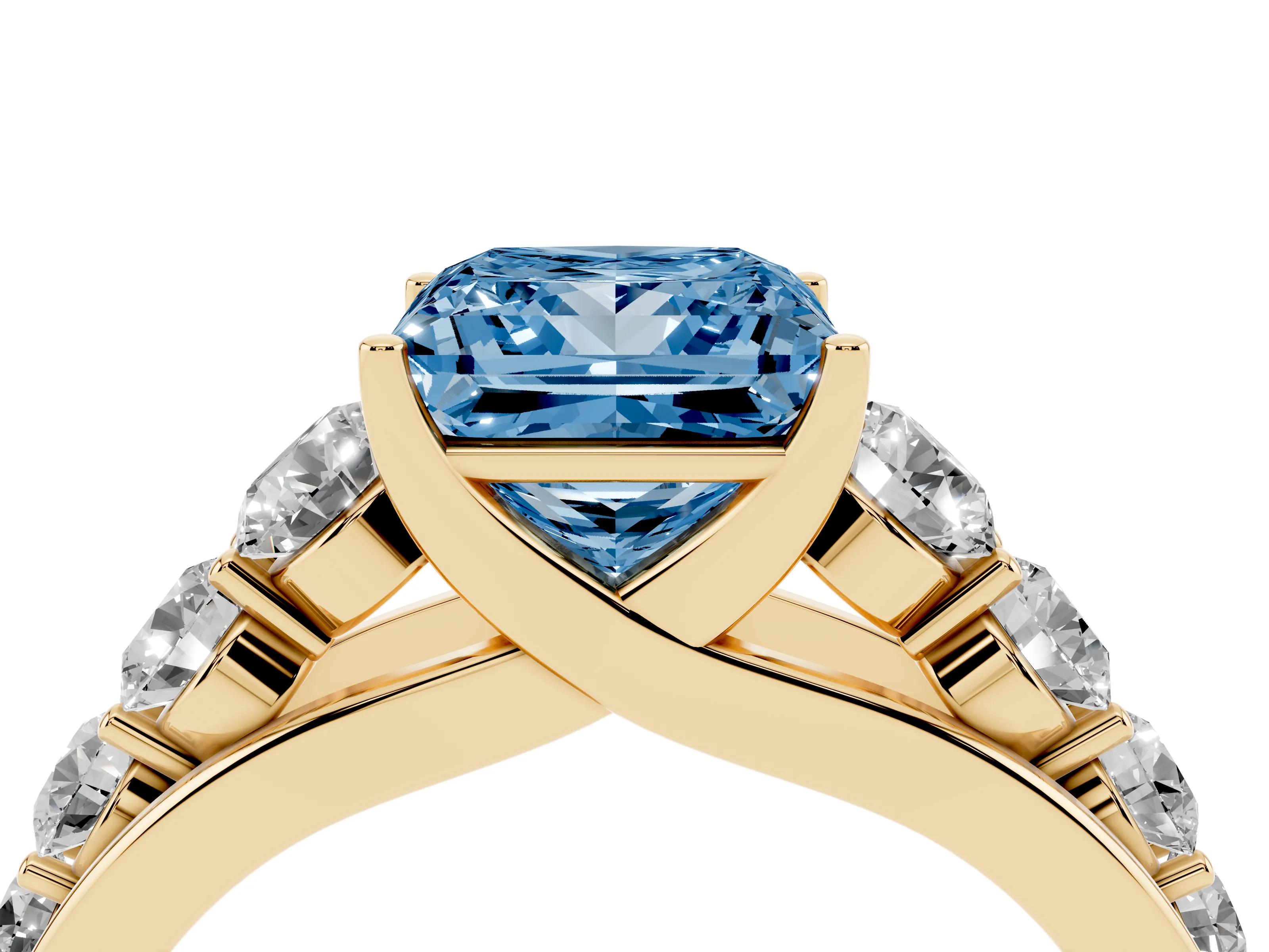 Fancy Blue Princess Cut Diamond Solitaire Ring Set in Yellow gold with Pavé-Set Band and Prong Setting