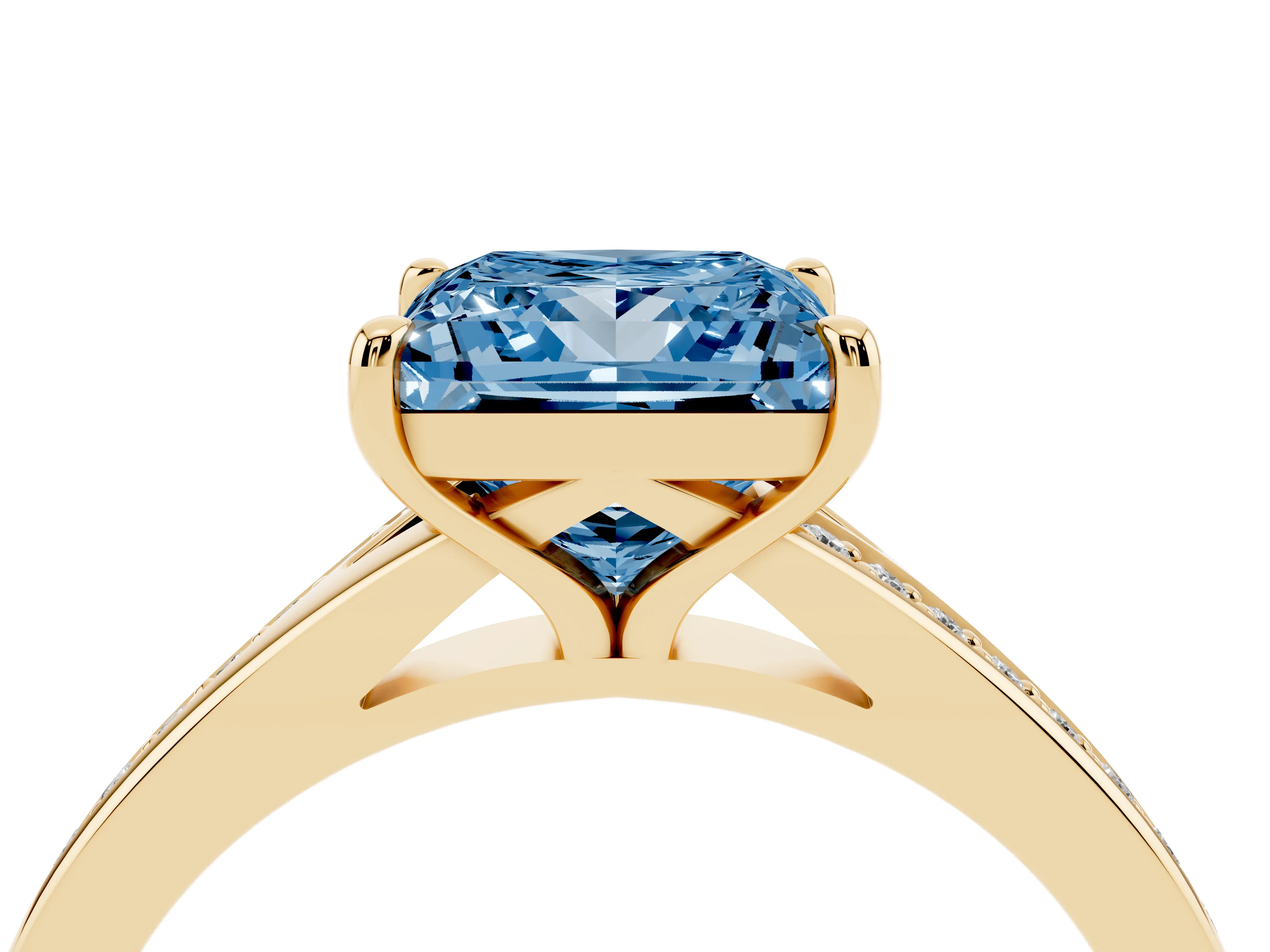 Fancy Blue Princess Cut Diamond Solitaire Ring Set in Yellow gold with Pavé Accent Band and Classic Prong Setting