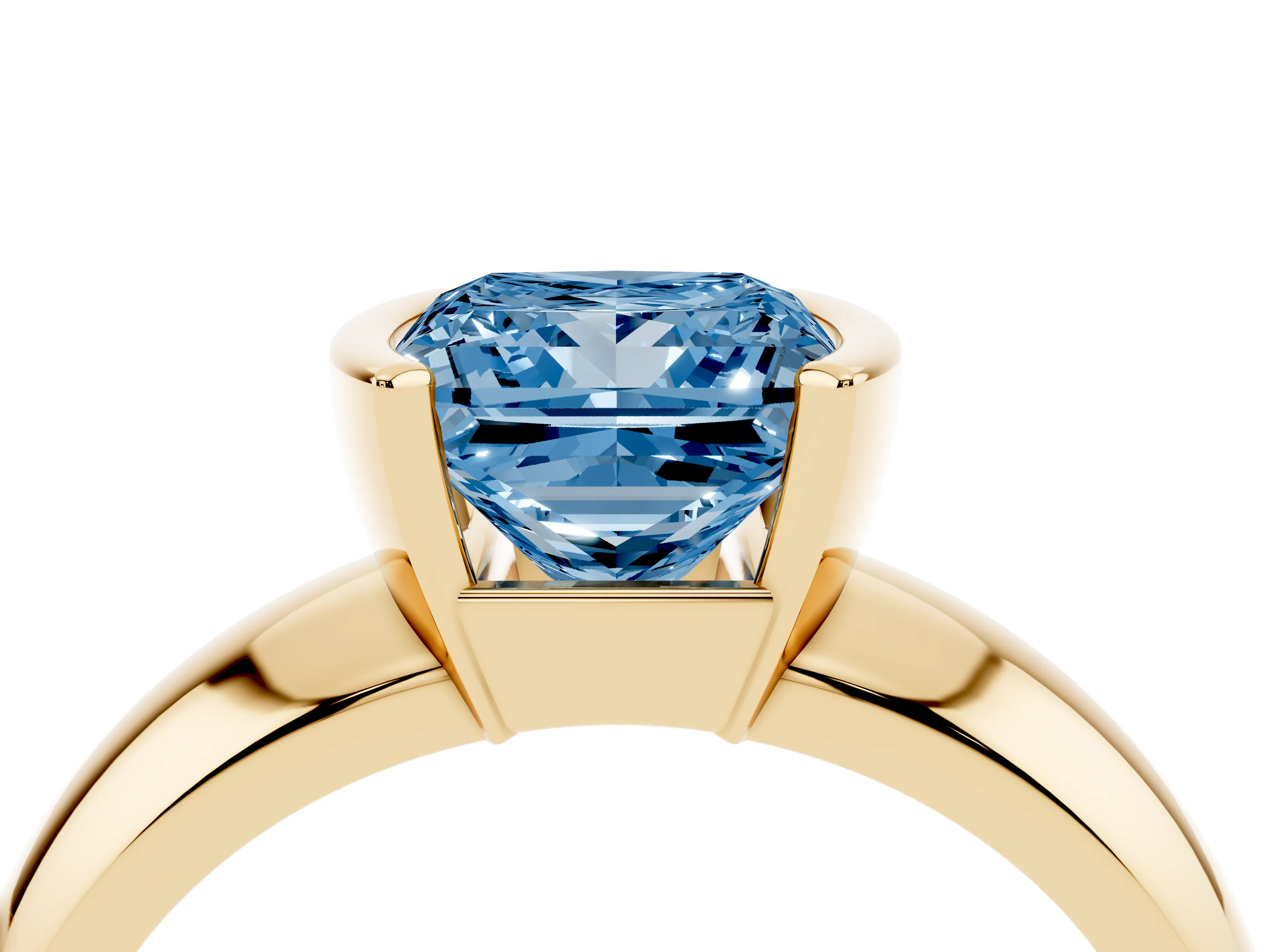 Fancy Blue Princess Cut Diamond Solitaire Tension Set Ring Set in Yellow gold with Wide Band