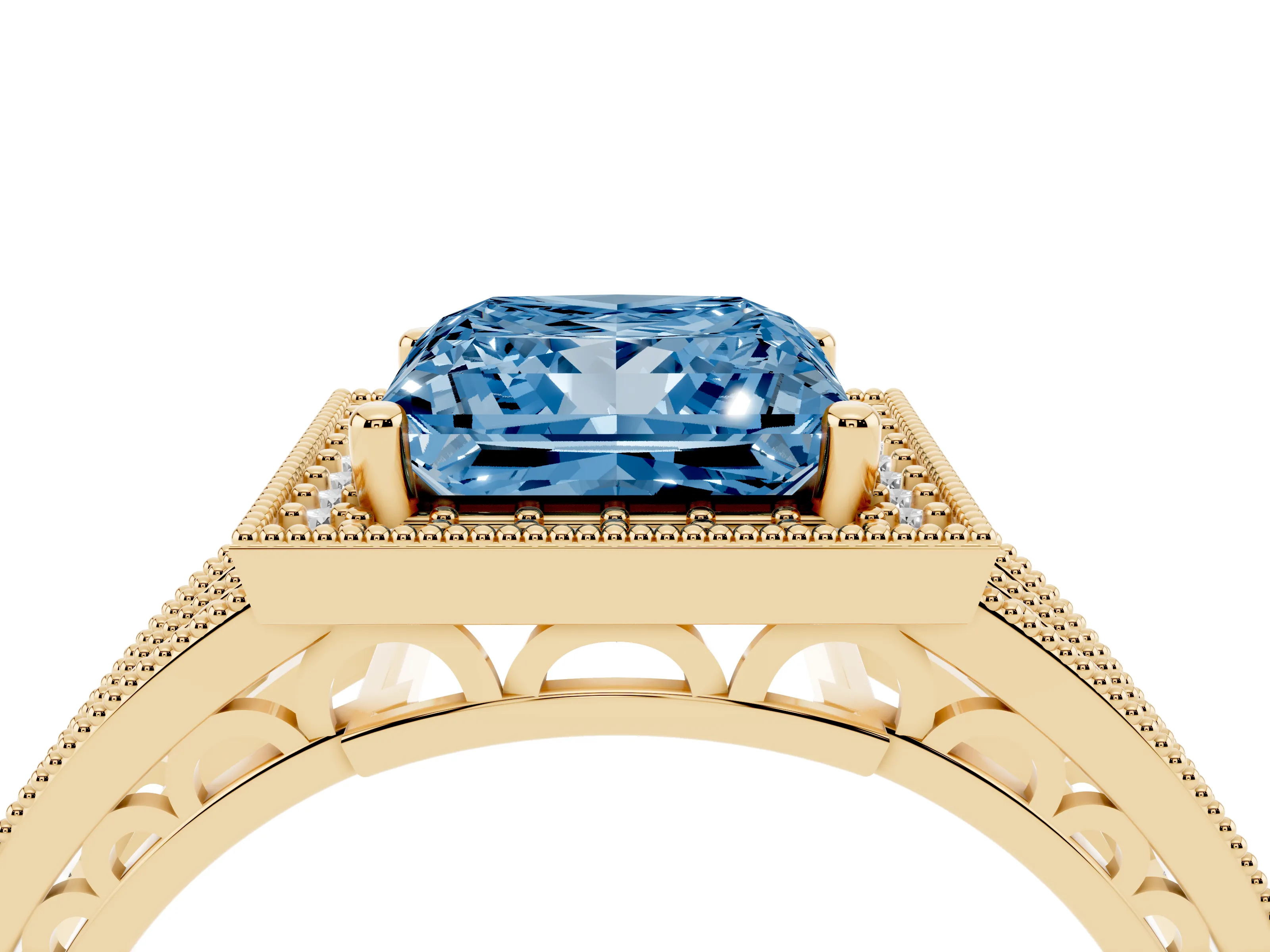 Fancy Blue Princess Cut Diamond Halo Ring Set in Yellow gold with Accent Split Shank and Prong Setting