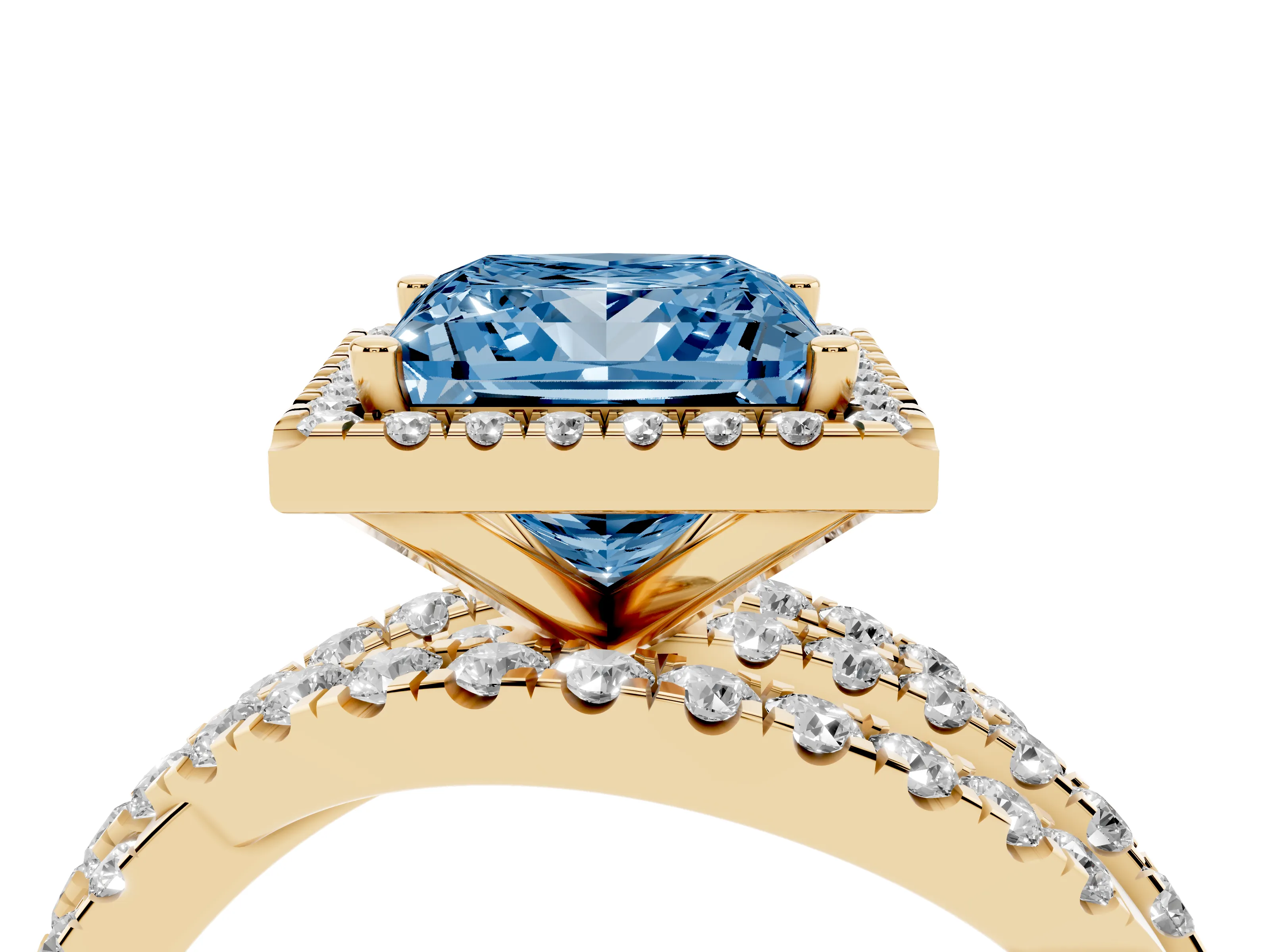 Fancy Blue Princess Cut Diamond Halo Ring Set in Yellow gold with Round Crossover Split Shank and Prong Setting