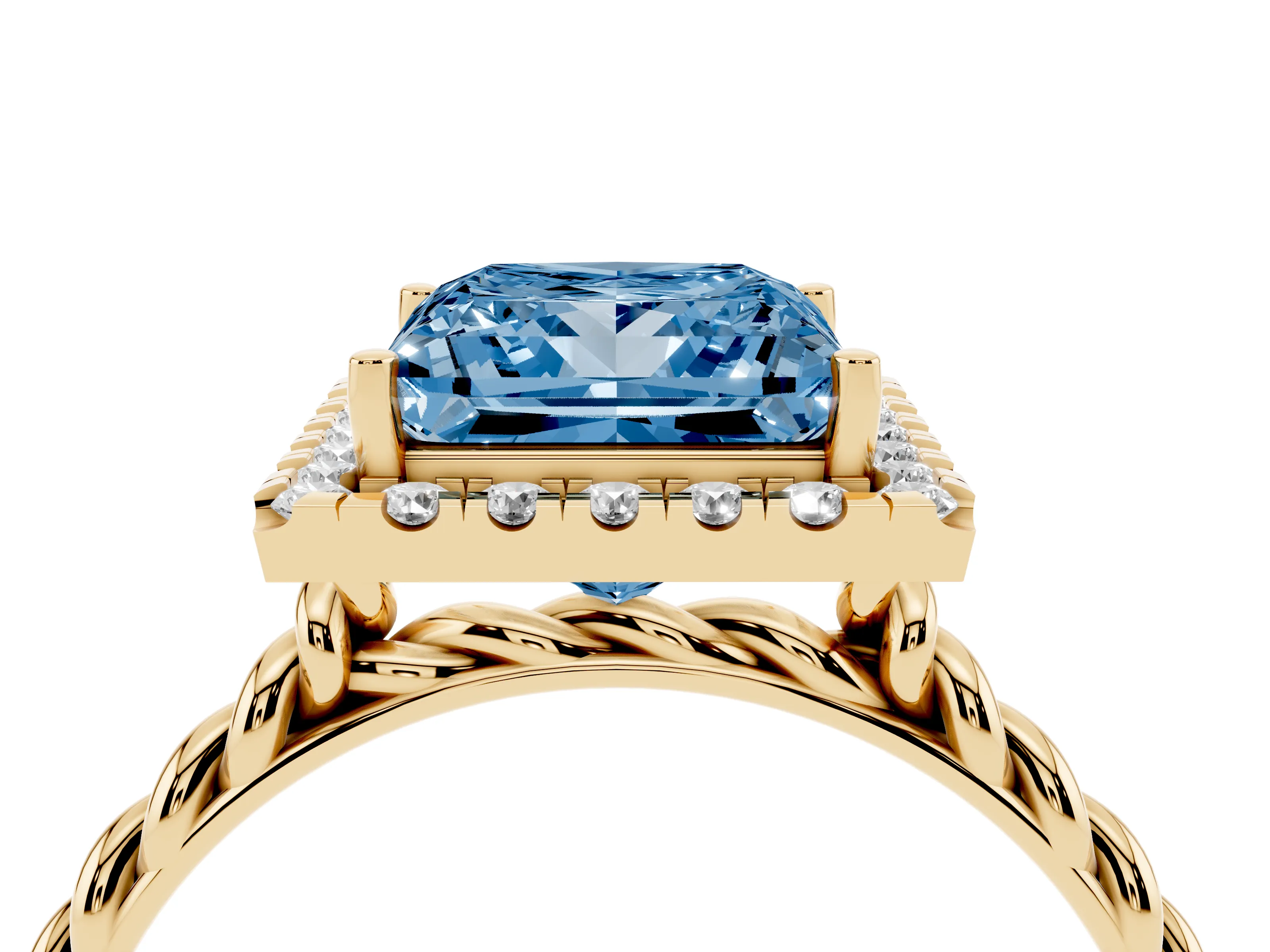 Fancy Blue Princess Cut Diamond Halo Ring Set in Yellow gold with Plain Twisted Band