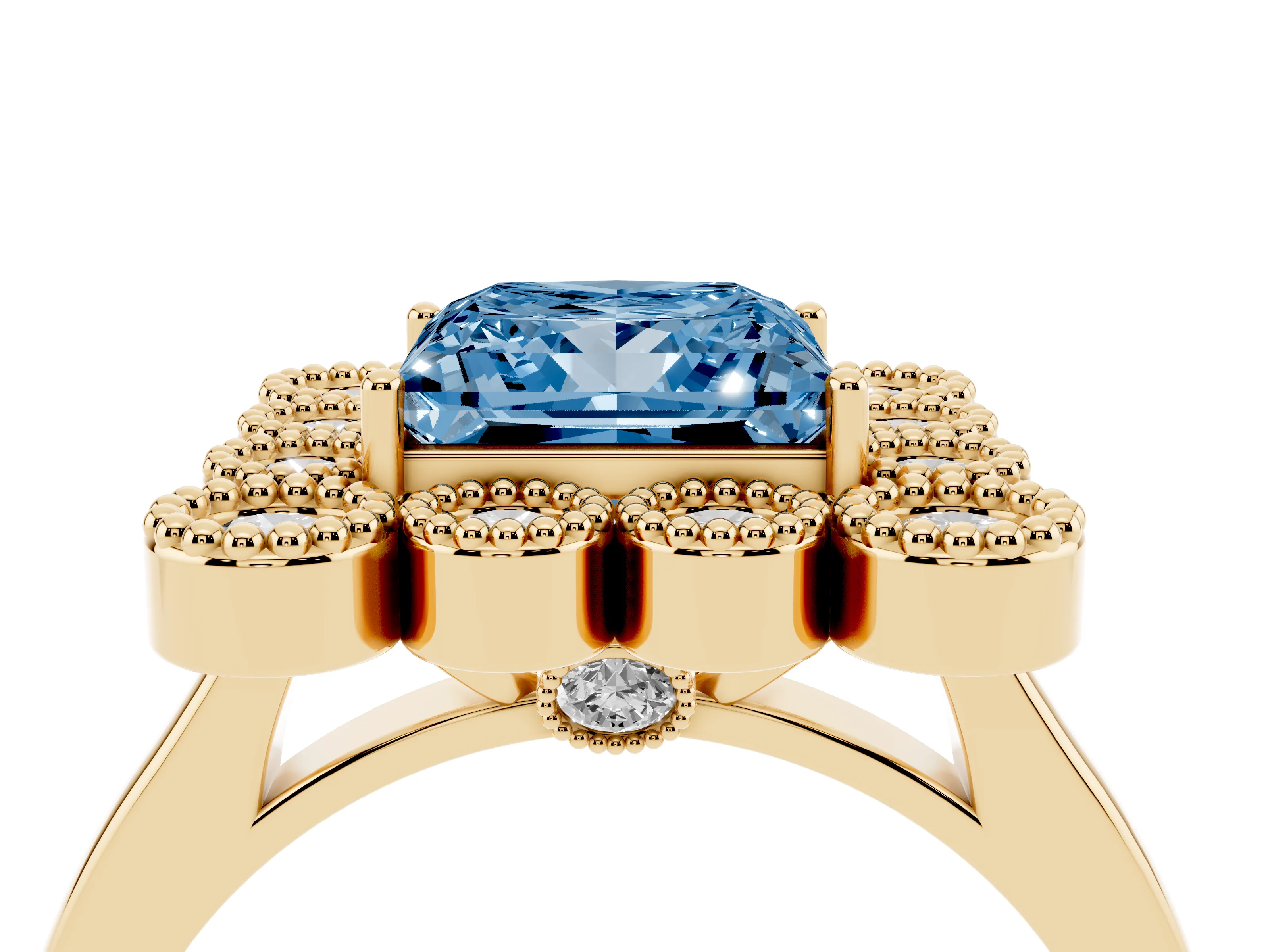 Fancy Blue Princess Cut Diamond Cluster Halo Ring Set in Yellow gold with Milgrain Bezel Accents and Plain Band