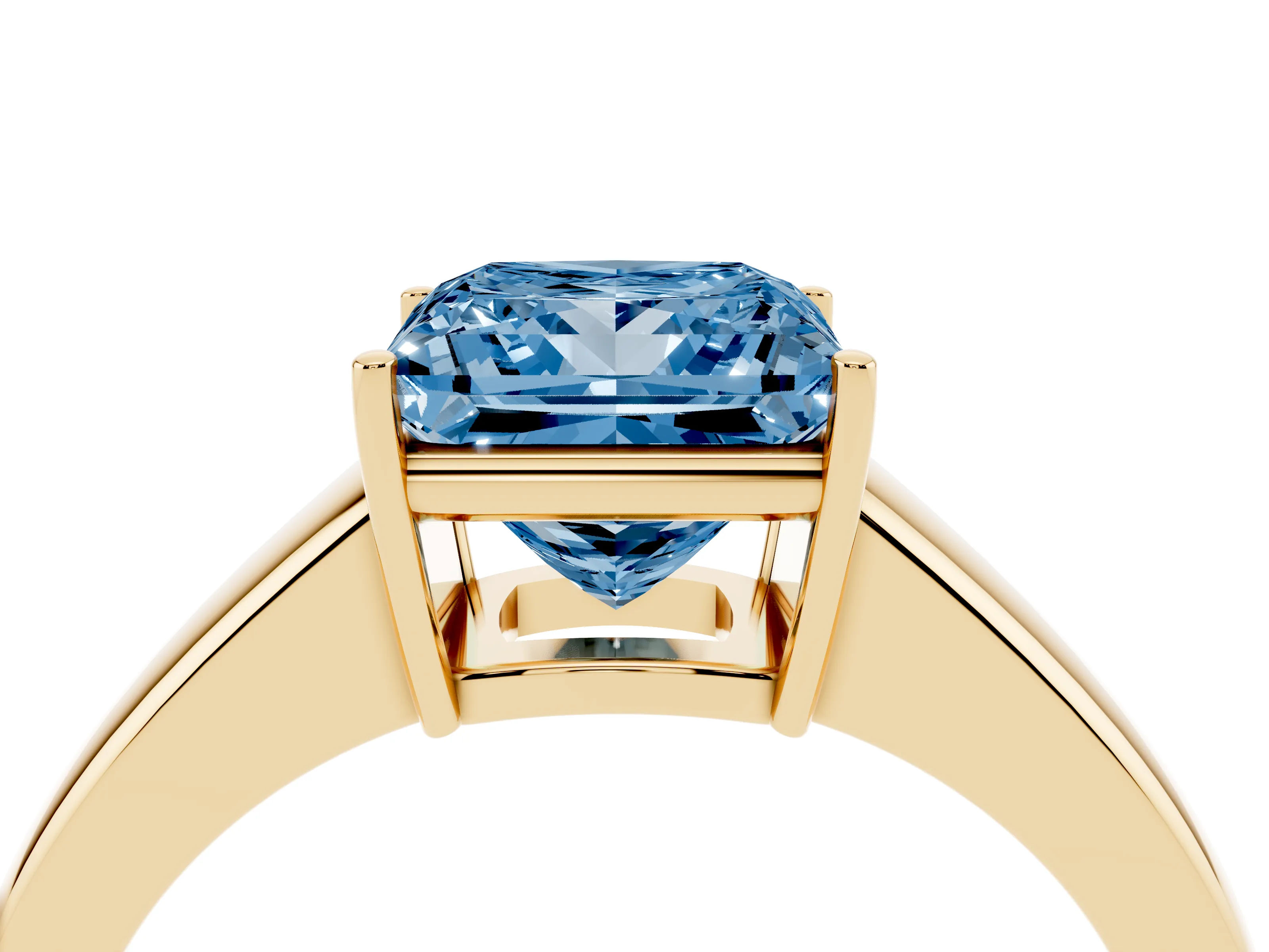 Fancy Blue Princess Cut Diamond Solitaire Ring Set in Yellow gold with Tapered Band and Prong Setting