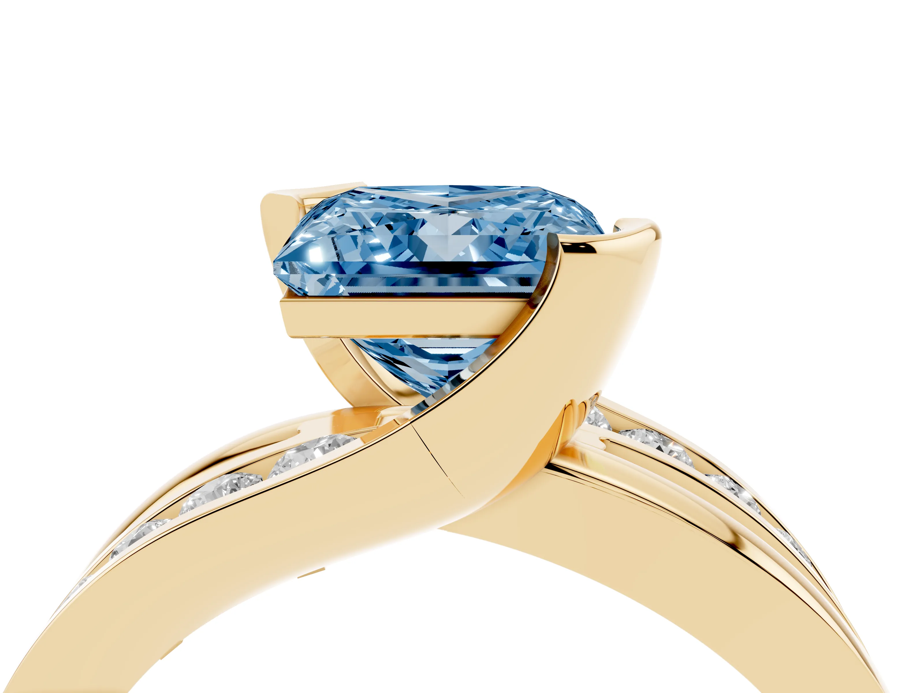 Fancy Blue Princess Cut Diamond Solitaire Ring Set in Yellow gold with Channel Set Split Shank and Tension Prongs