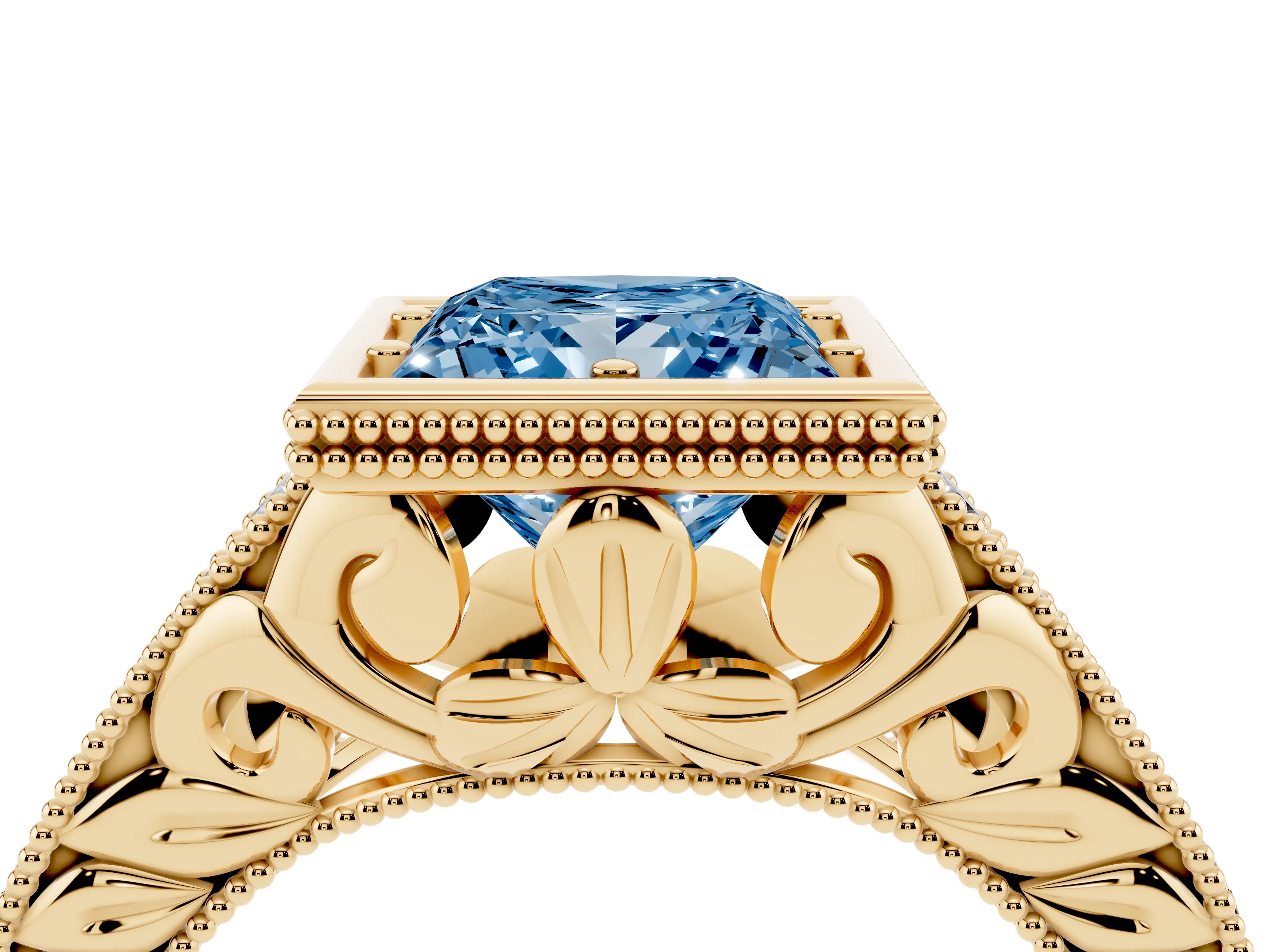 Fancy Blue Bezel Set Princess Cut Diamond Milgrain Pavé Engagement Ring Set in Yellow gold