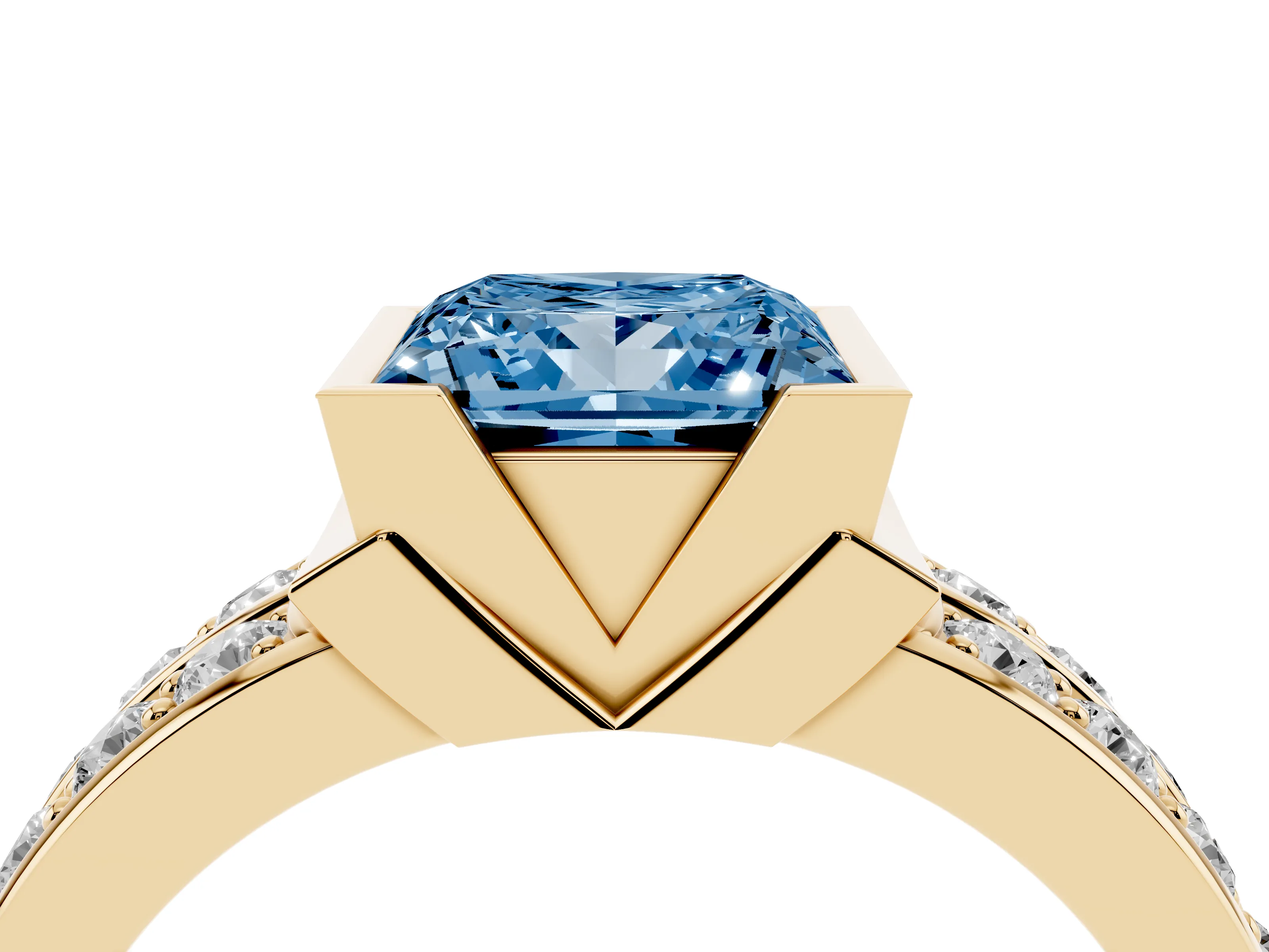 Fancy Blue Princess Cut Diamond Wide Channel Set Band Ring Set in Yellow gold with Bezel Setting