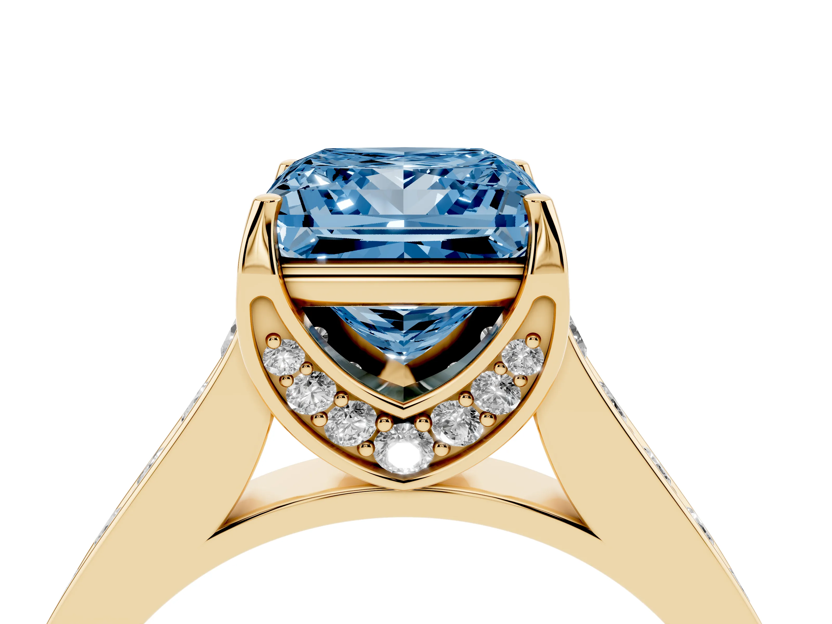 Fancy Blue Princess Cut Diamond Solitaire Pavé Engagement Ring Set in Yellow gold with Prong Setting
