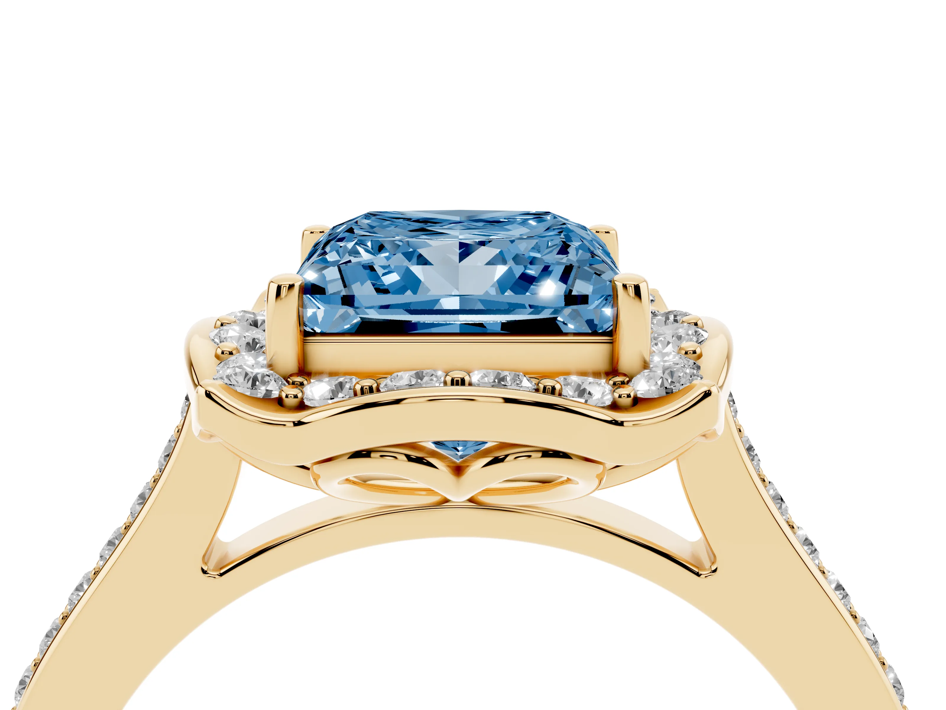 Fancy Blue Princess Cut Diamond Halo Ring Set in Yellow gold with Pavé-Lined Shoulders and Prong Setting