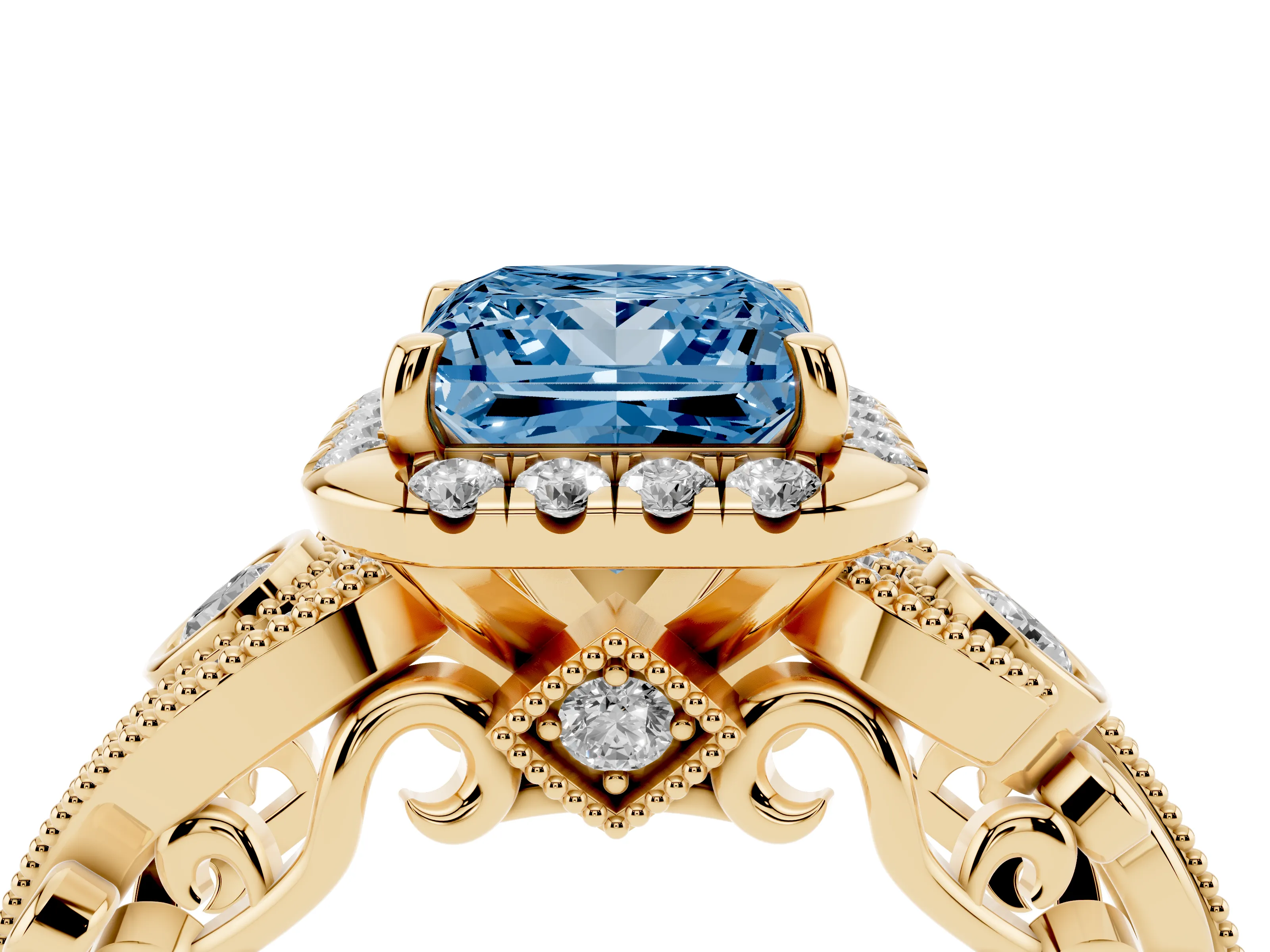 Fancy Blue Princess Cut Diamond Halo Ring Set in Yellow gold with Milgrain Pavé Band and Prong Setting