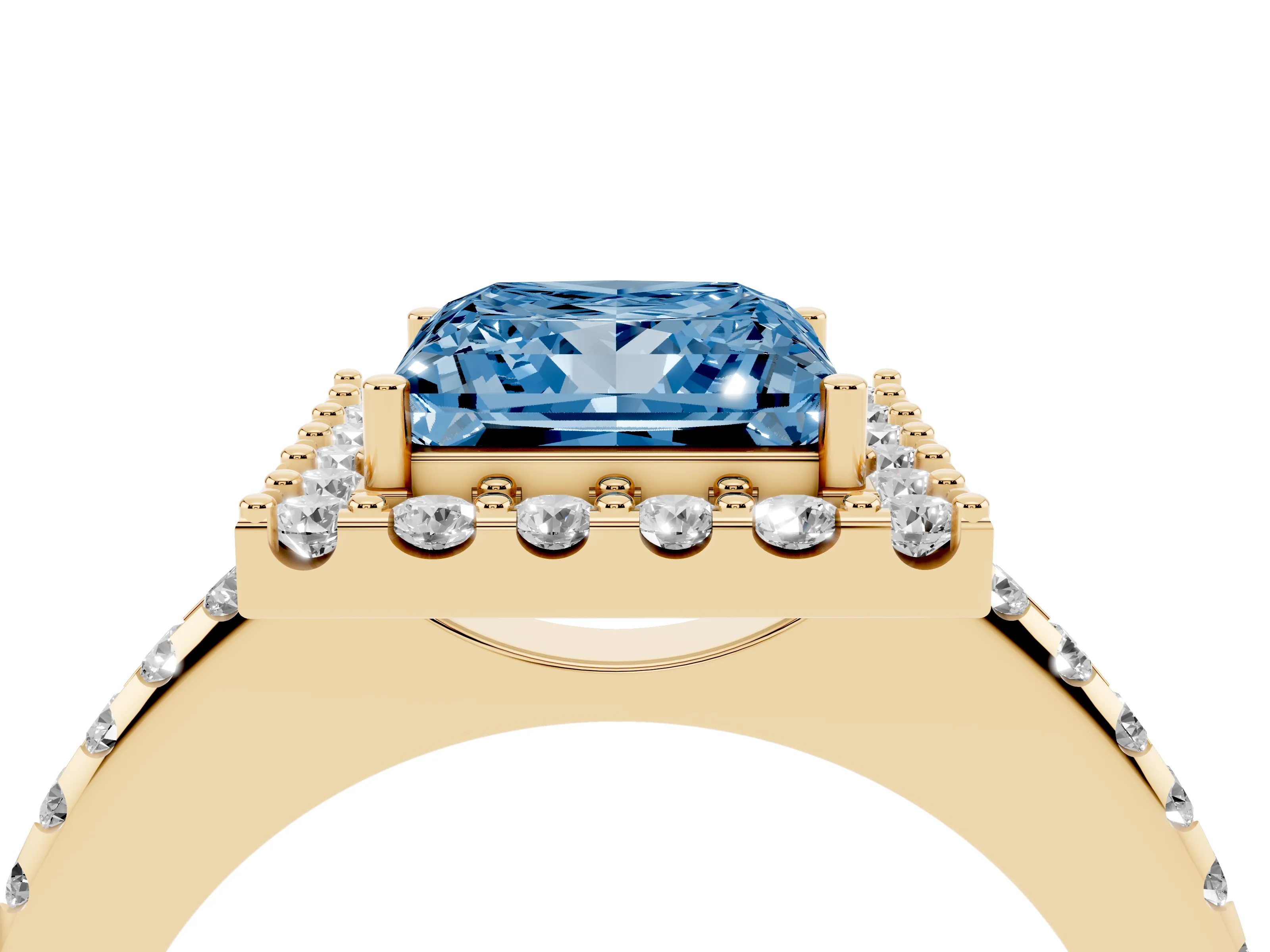 Fancy Blue Princess Cut Diamond Pavé Halo Ring Set in Yellow gold with Prong Setting