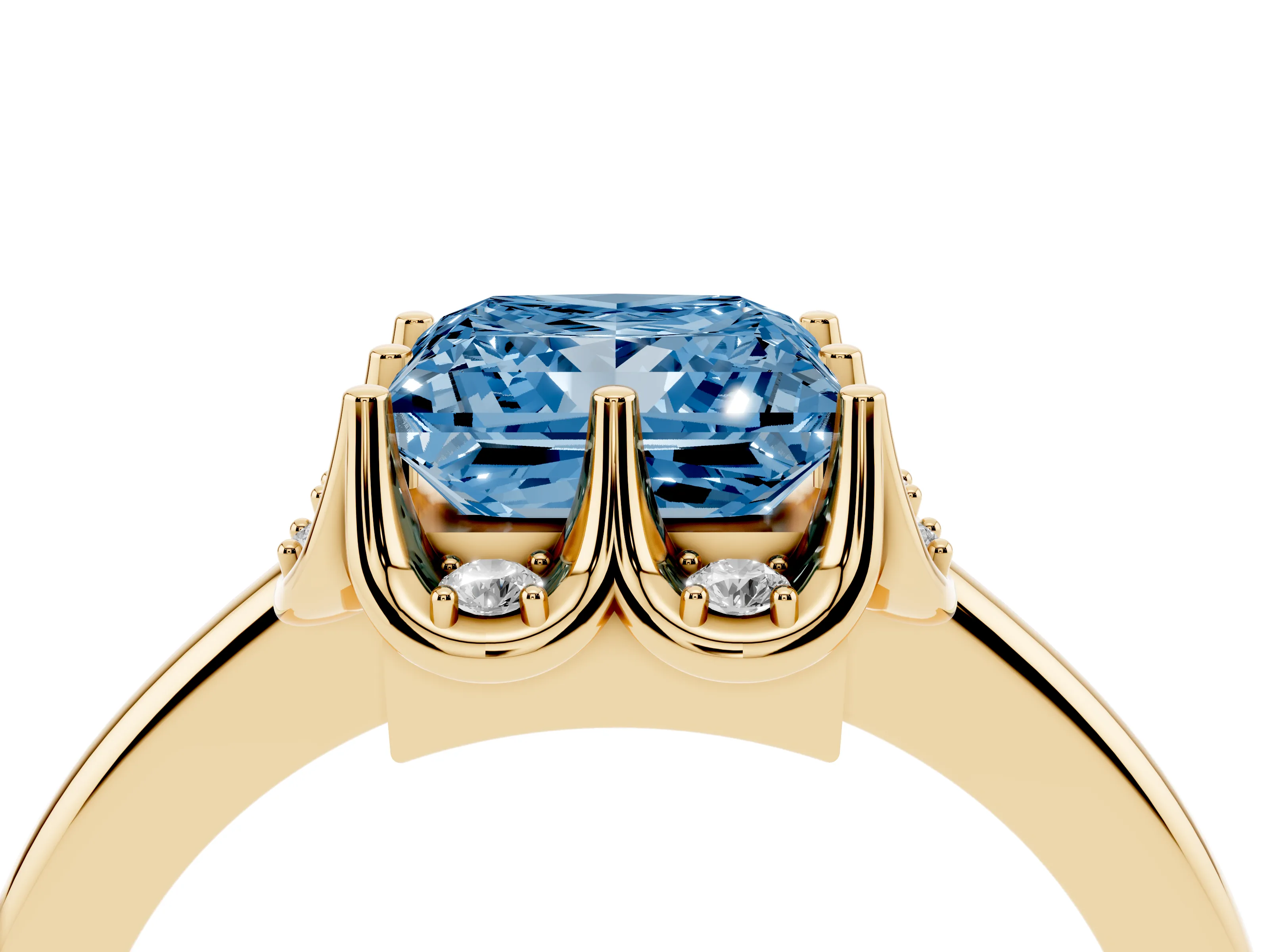 Fancy Blue Princess Cut Diamond Round Cluster Halo Ring Set in Yellow gold with Solitaire Band and Prong Setting