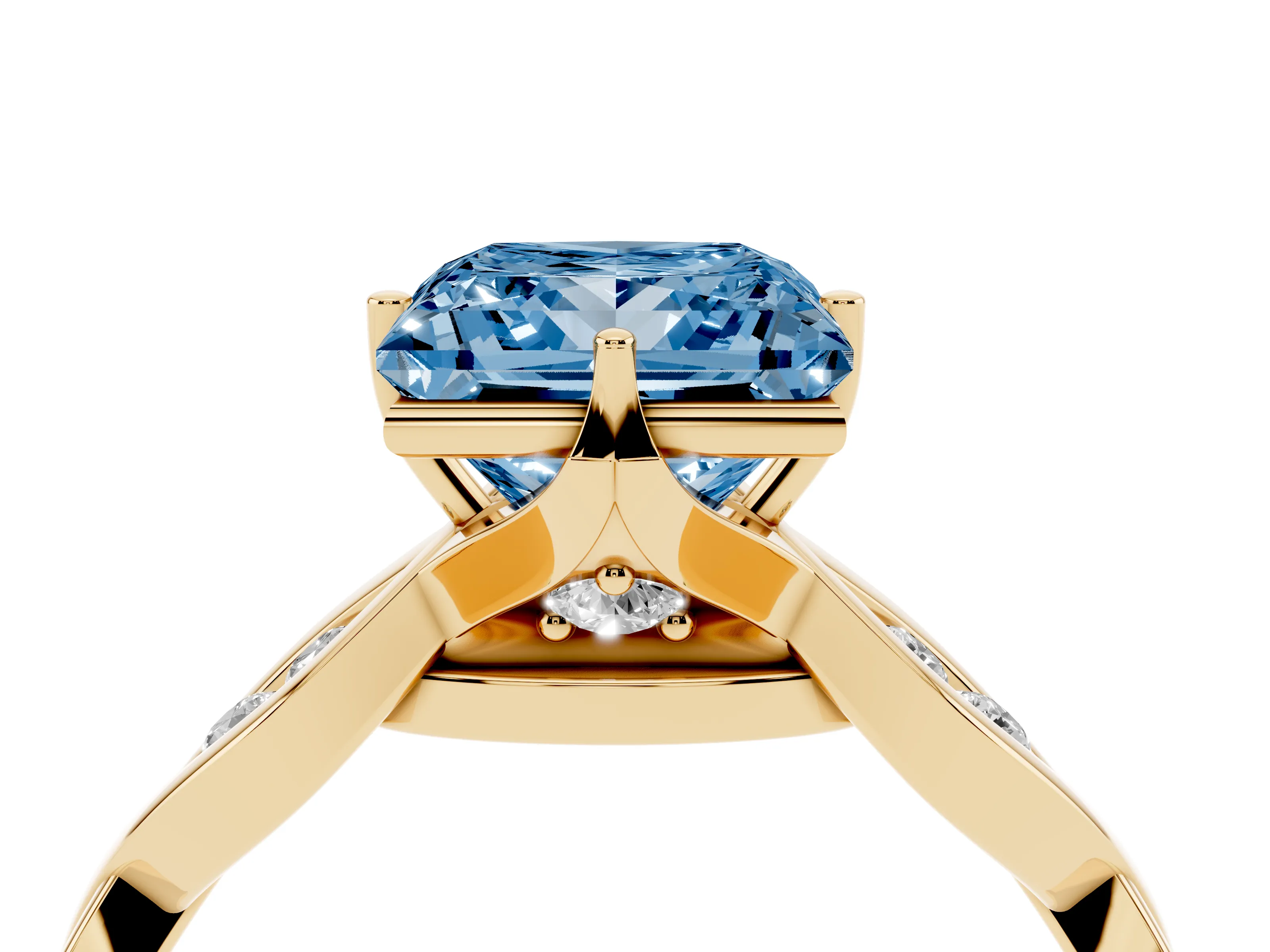 Fancy Blue Princess Cut Diamond Twist Band Solitaire Ring Set in Yellow gold with Leaf Prong Setting and Accent Stones