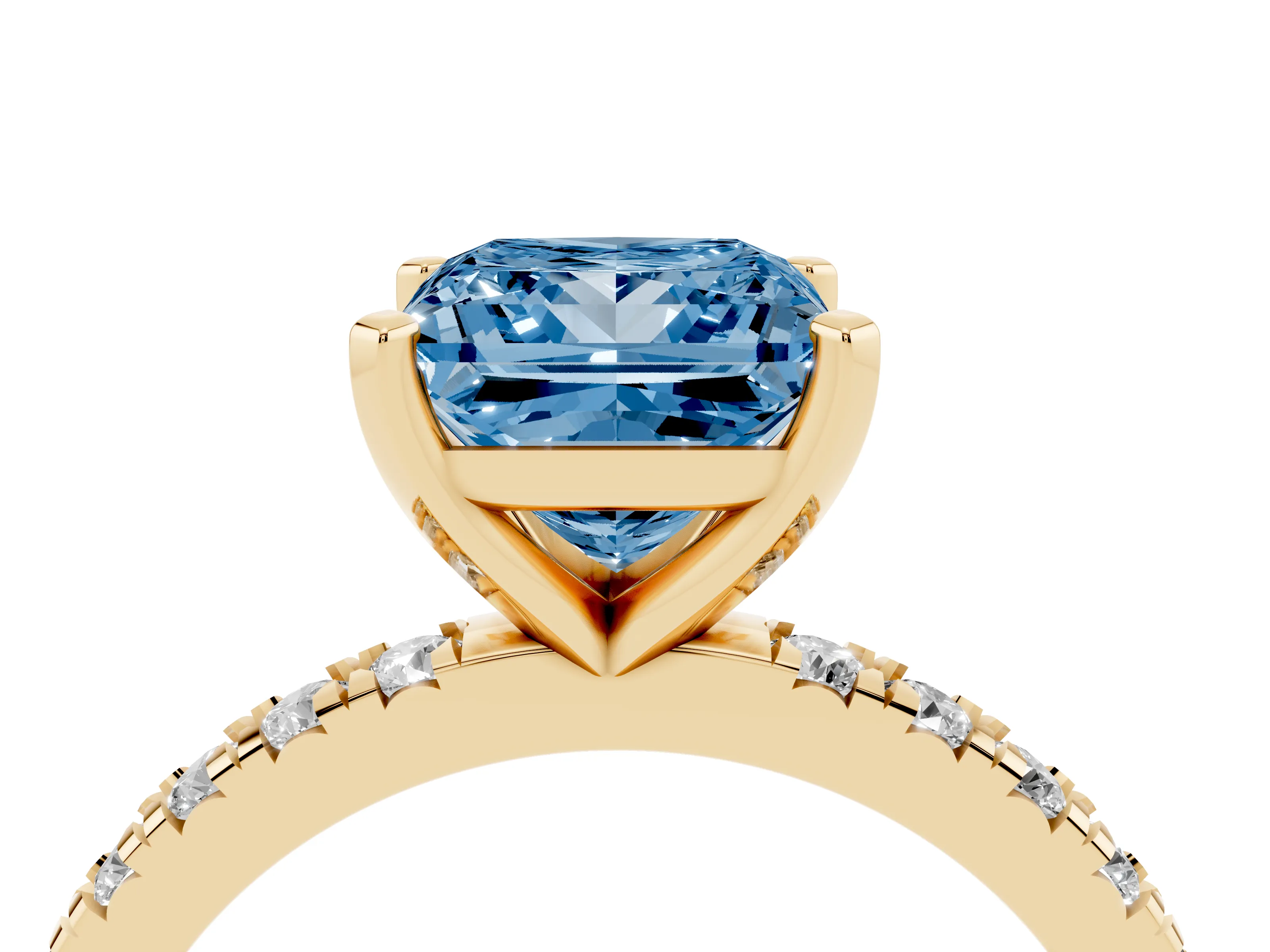 Fancy Blue Princess Cut Diamond Pavé Band Solitaire Set in Yellow gold with Prong Setting