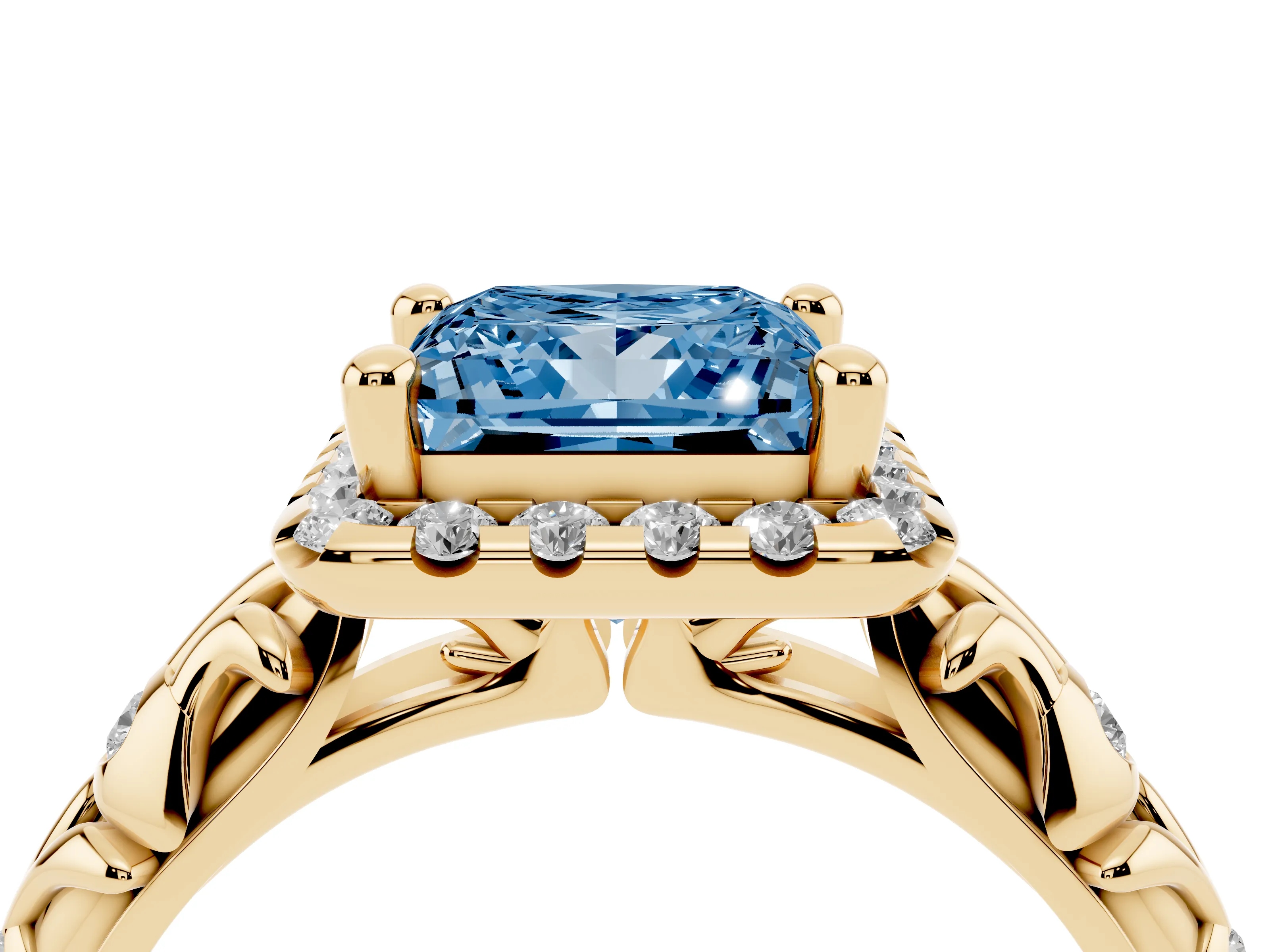 Fancy Blue Princess Cut Diamond Halo Ring Set in Yellow gold with Filigree Leaf Band and Prong Setting