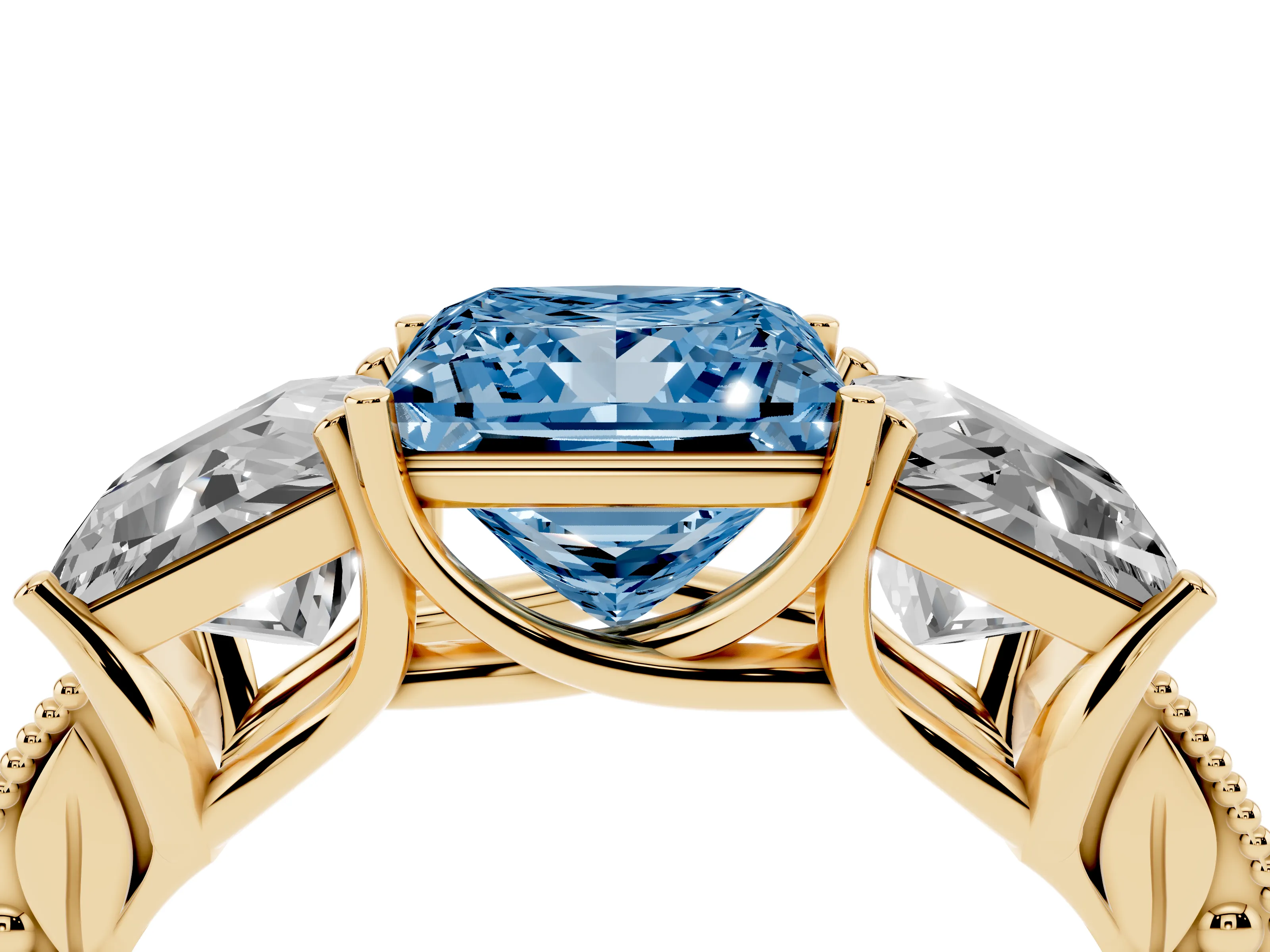 Fancy Blue Princess Cut Diamond Three-Stone Engagement Ring Set in Yellow gold with Milgrain Pavé Band