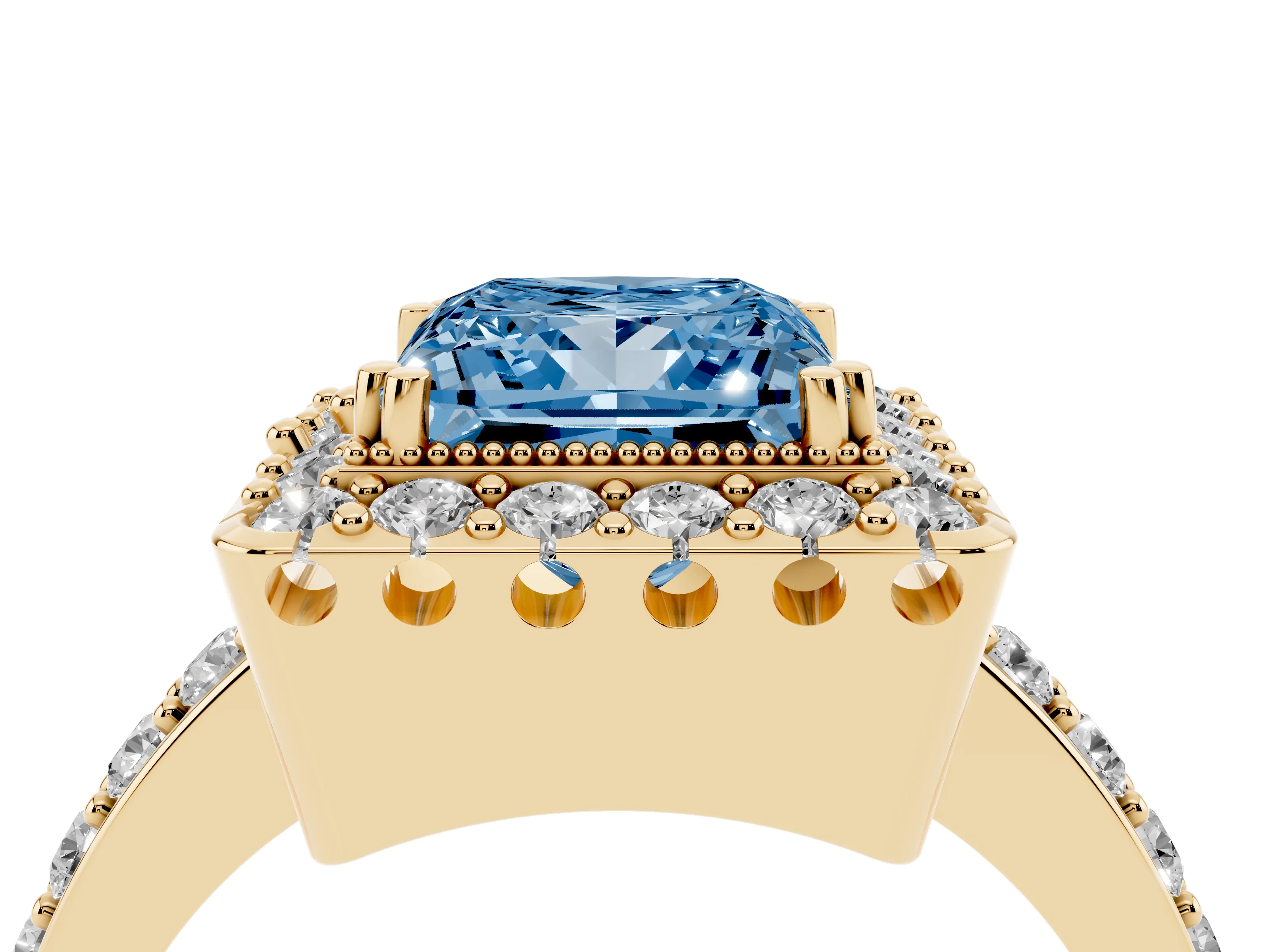 Fancy Blue Princess Cut Diamond Halo Ring Set in Yellow gold with Pavé Shank and Prong Setting