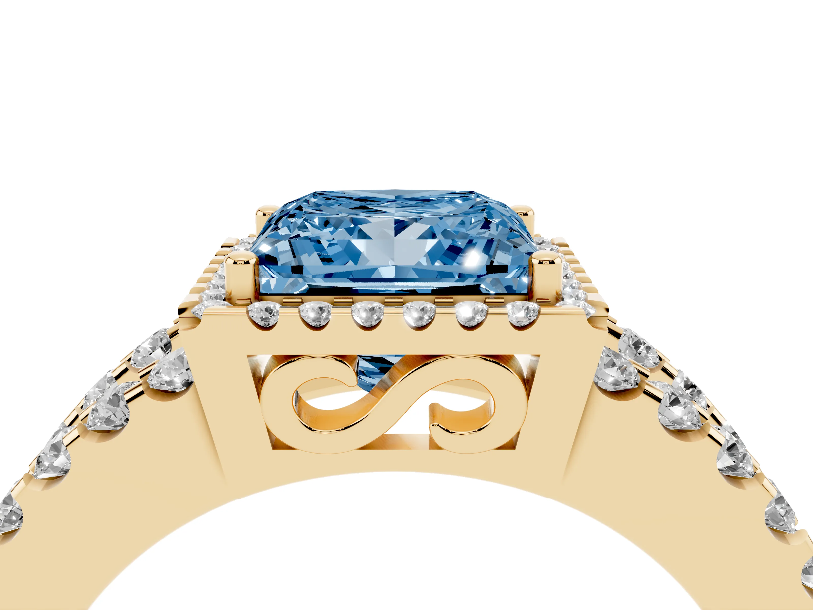 Fancy Blue Princess Cut Diamond Halo Ring Set in Yellow gold with Pavé Split Shank and Prong Setting