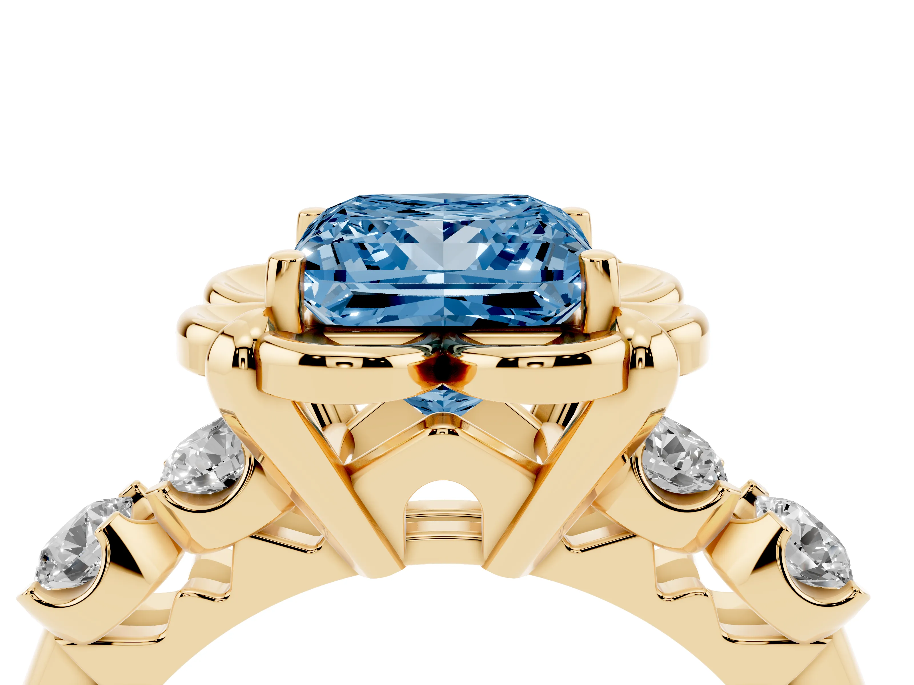 Fancy Blue Princess Cut Diamond Floral Halo Ring Set in Yellow gold with Shared Prong Band