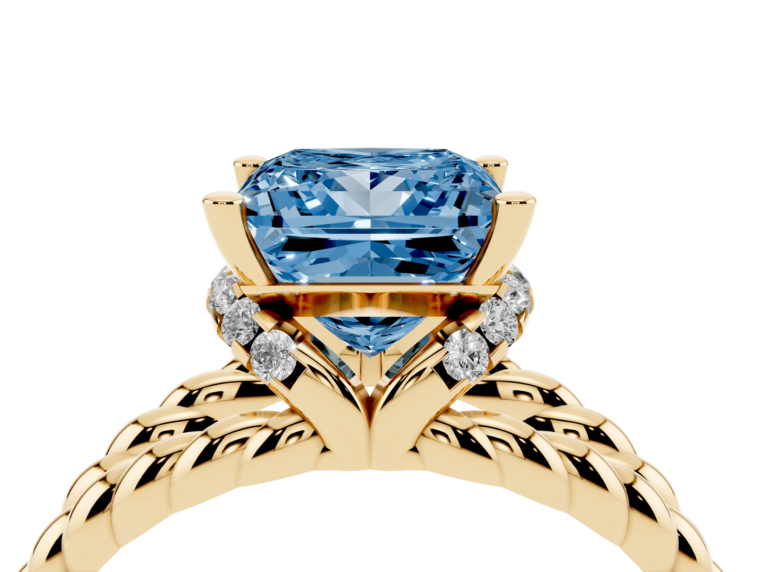 Fancy Blue Princess Cut Diamond Halo Ring Set in Yellow gold with Twisted Band and Prong Setting