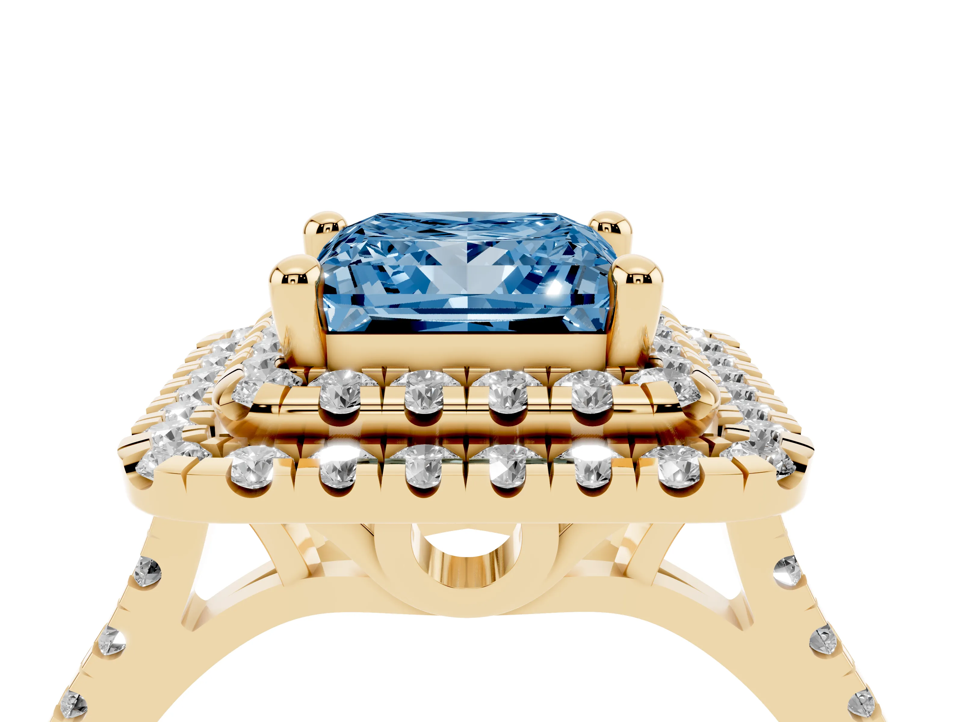 Fancy Blue Princess Cut Diamond Double Halo Statement Ring Set in Yellow gold with Pavé Band