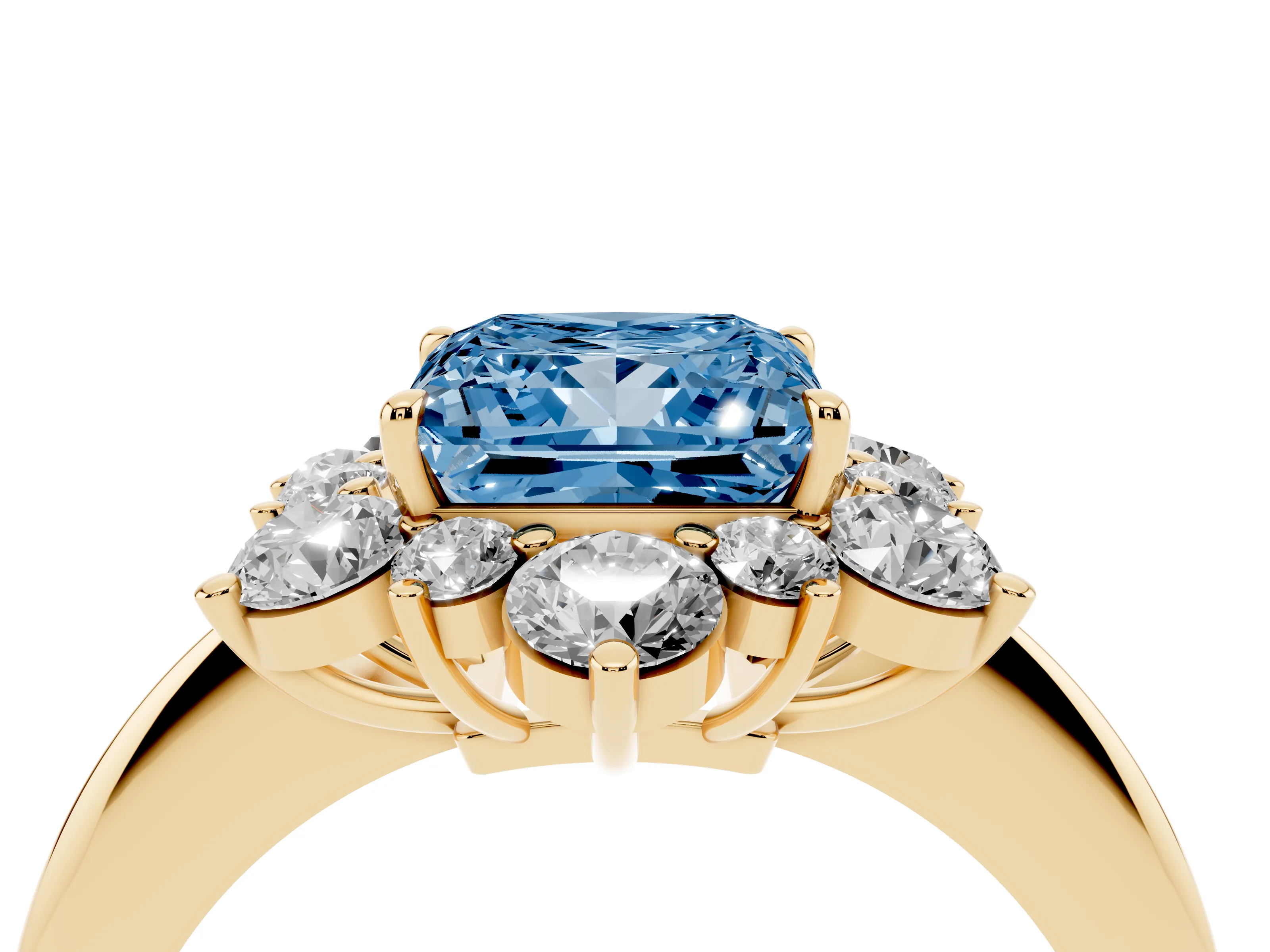 Fancy Blue Princess Cut Diamond Cluster Halo Ring Set in Yellow gold with Solitaire Band and Prong Setting