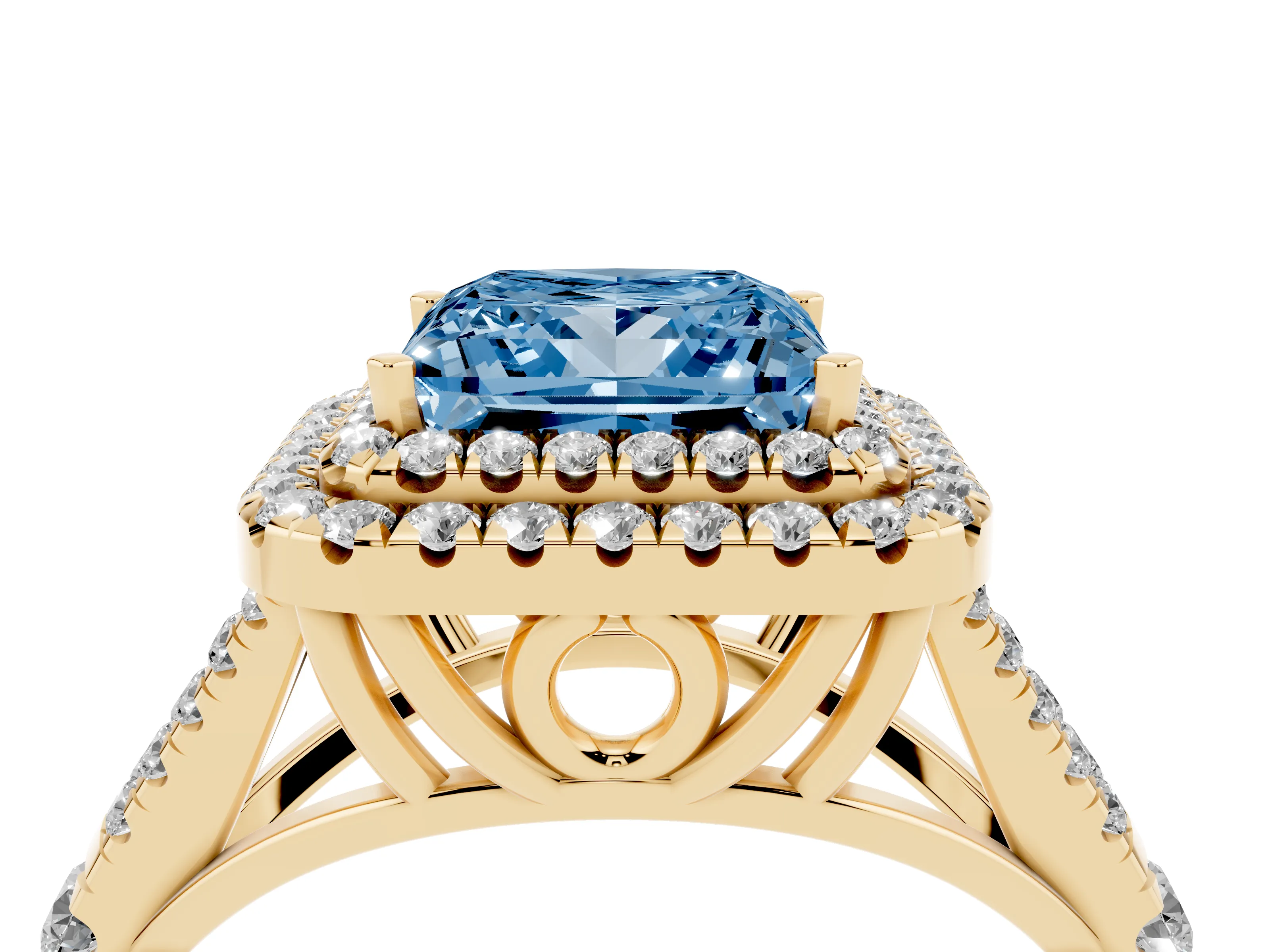 Fancy Blue Princess Cut Diamond Pavé Split Shank Double Halo Engagement Ring Set in Yellow gold