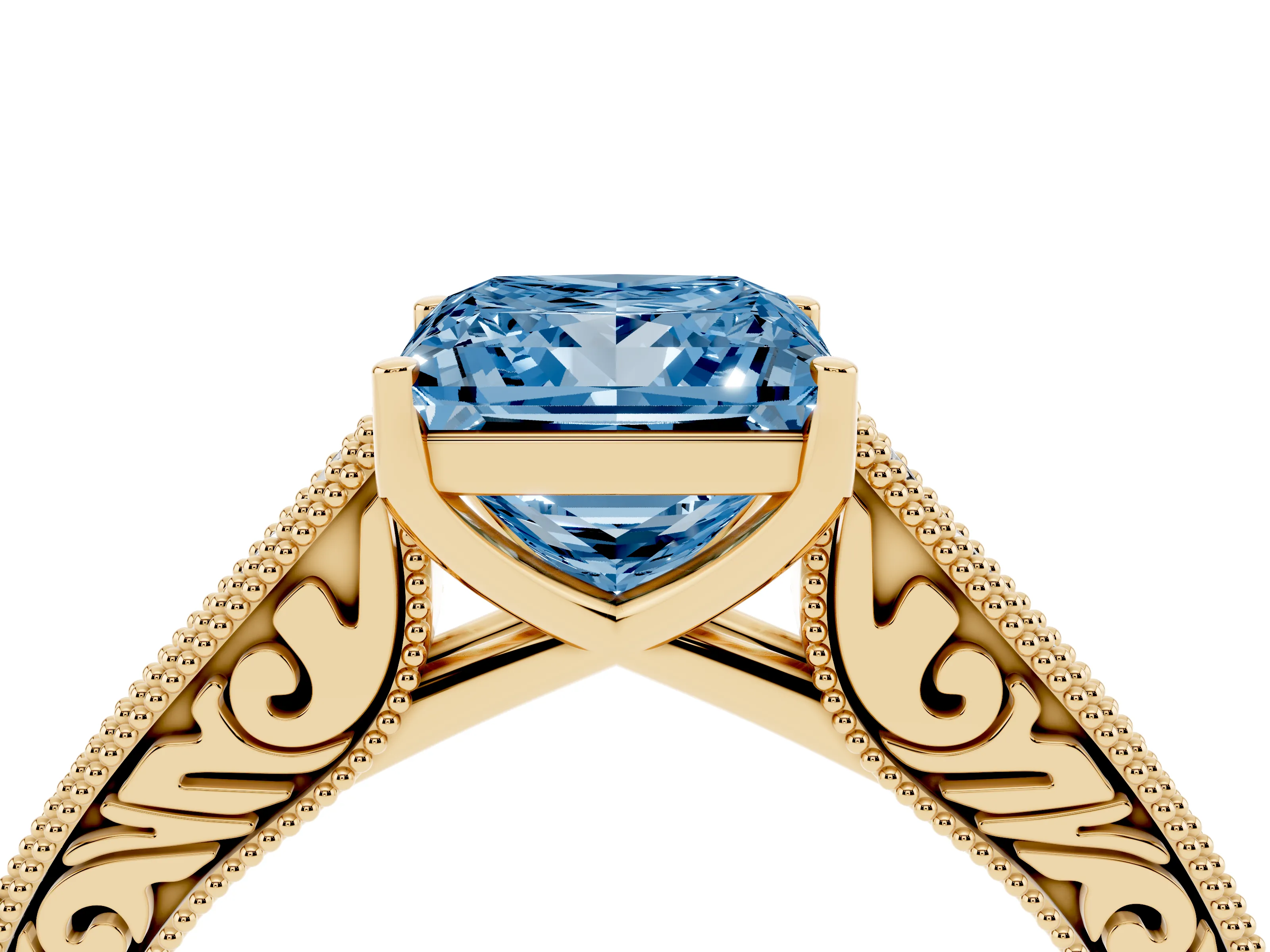 Fancy Blue Princess Cut Diamond Milgrain Pavé Band Solitaire Ring Set in Yellow gold with Prong Setting
