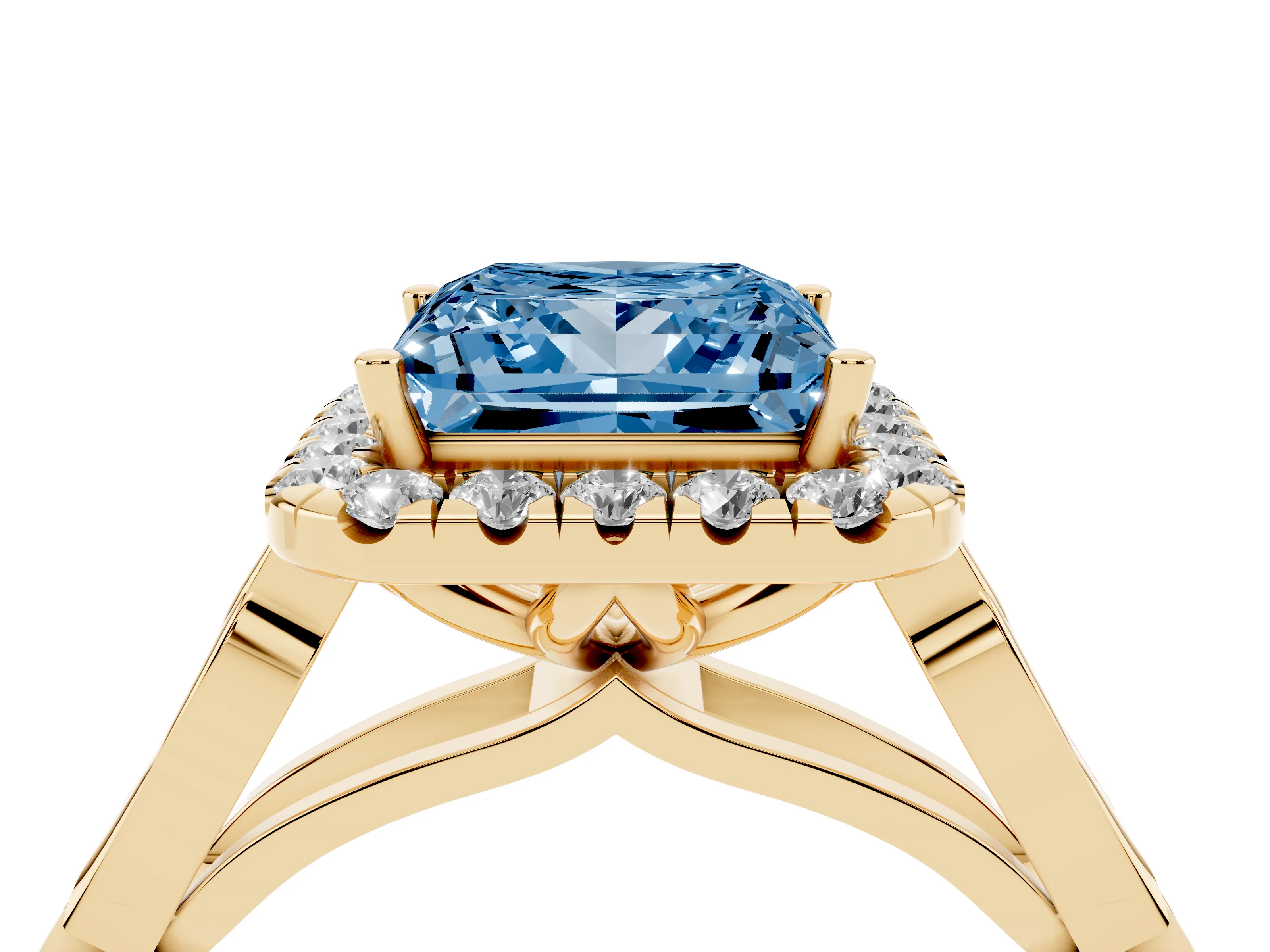 Fancy Blue Princess Cut Diamond Halo Engagement Ring Set in Yellow gold with Filigree Band and Prong-Set Center