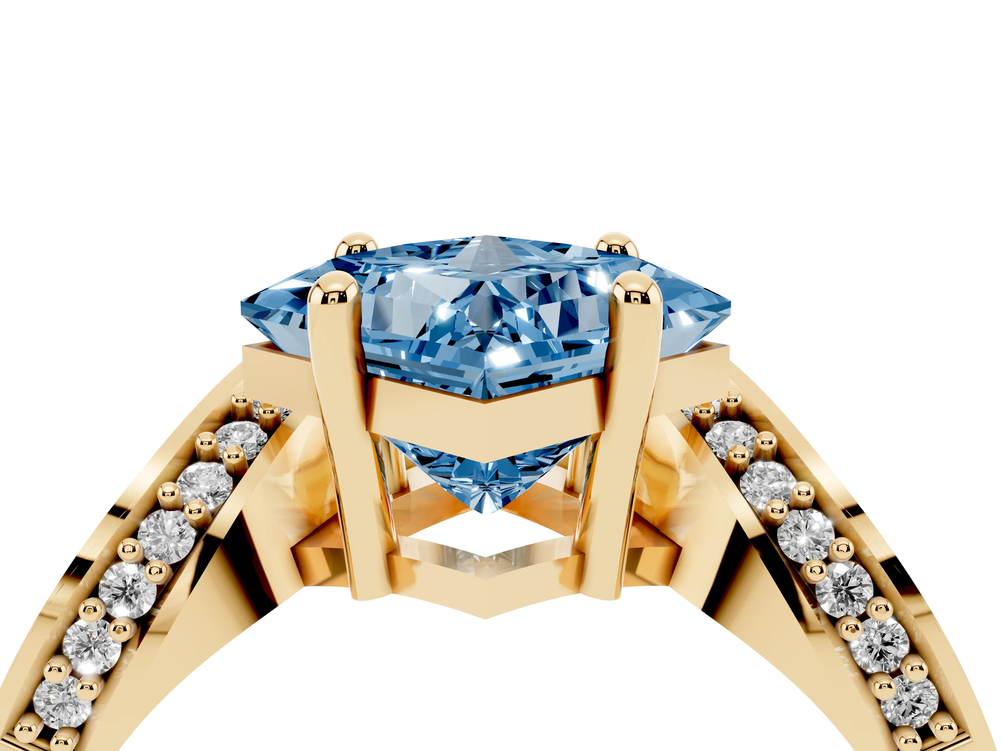 Fancy Blue Princess Cut Diamond Solitaire Engagement Ring Set in Yellow gold with Pavé Shoulders